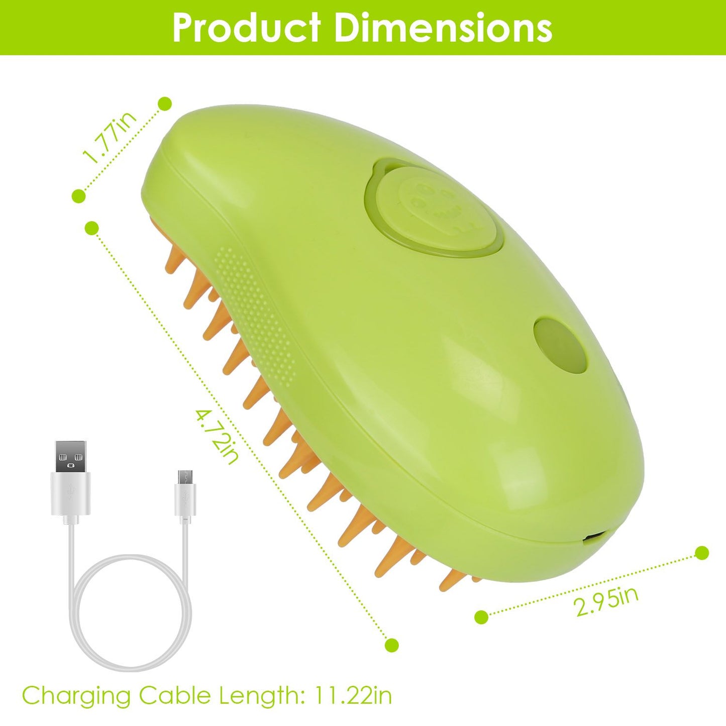 Green oval steam brush with dimensions labeled and USB charging cable shown