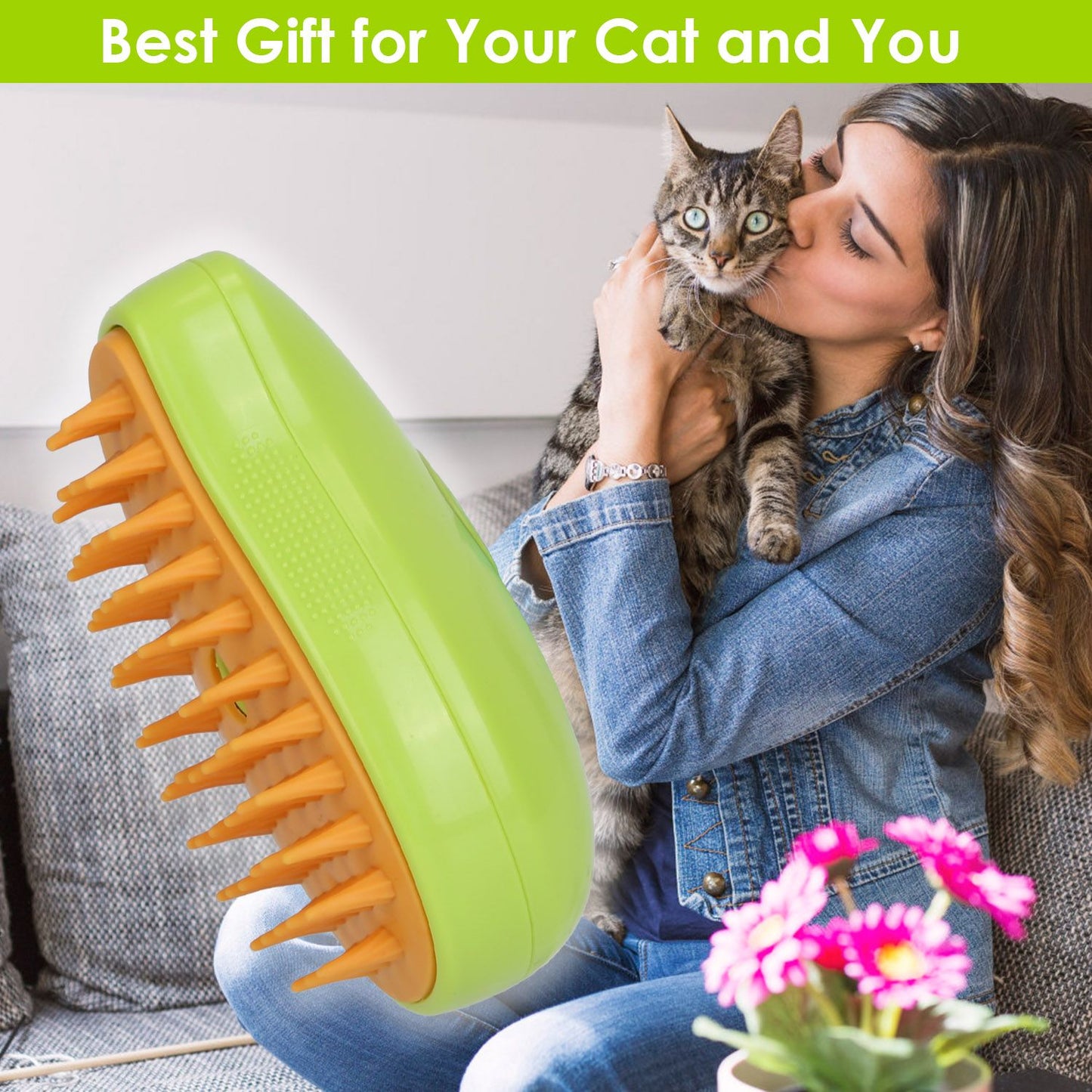 Prominent green steam grooming brush in foreground with person holding a pet in background