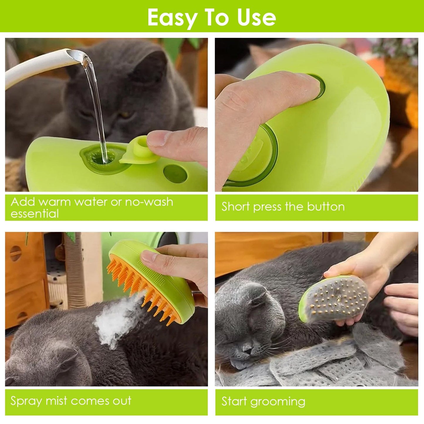 Instructional panels showing refill port, button press, mist spray, and grooming with the brush