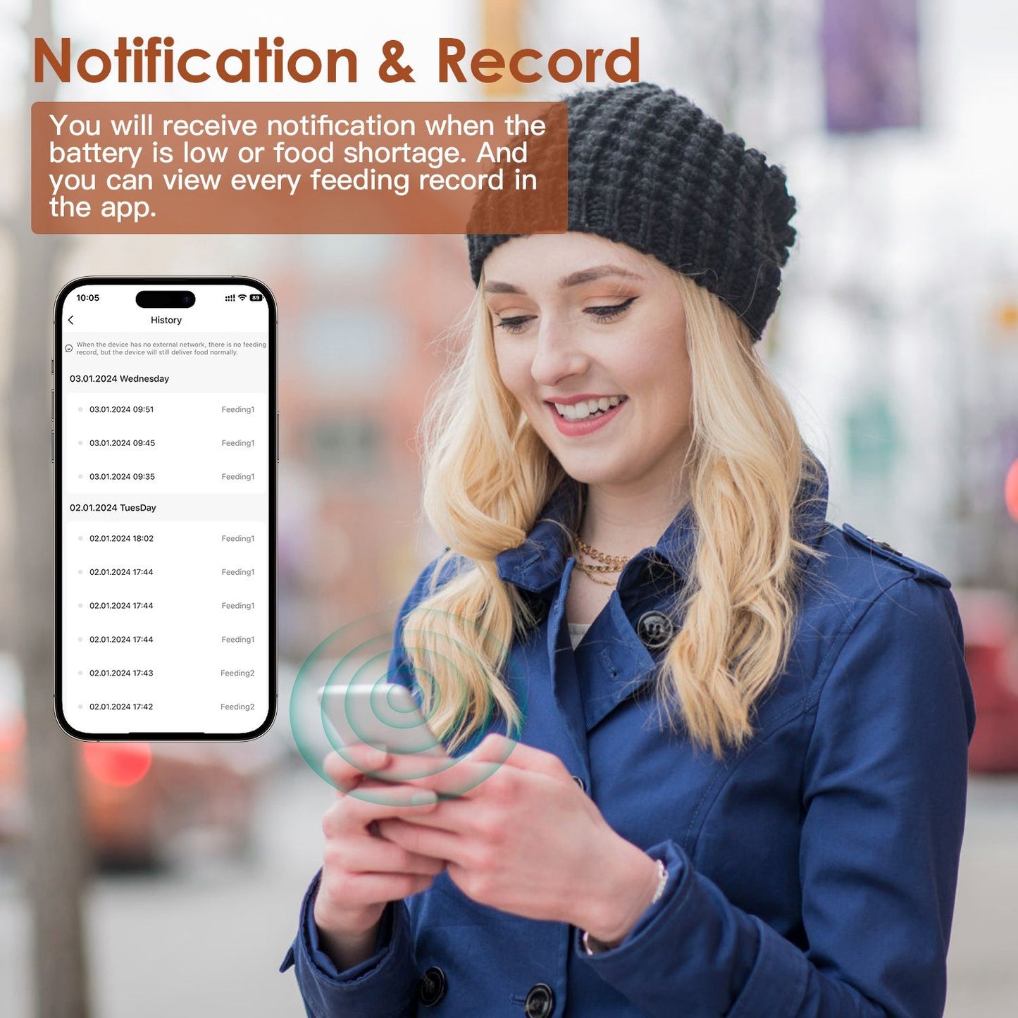 Phone showing feeding history and notifications to illustrate app alerts and feeding records