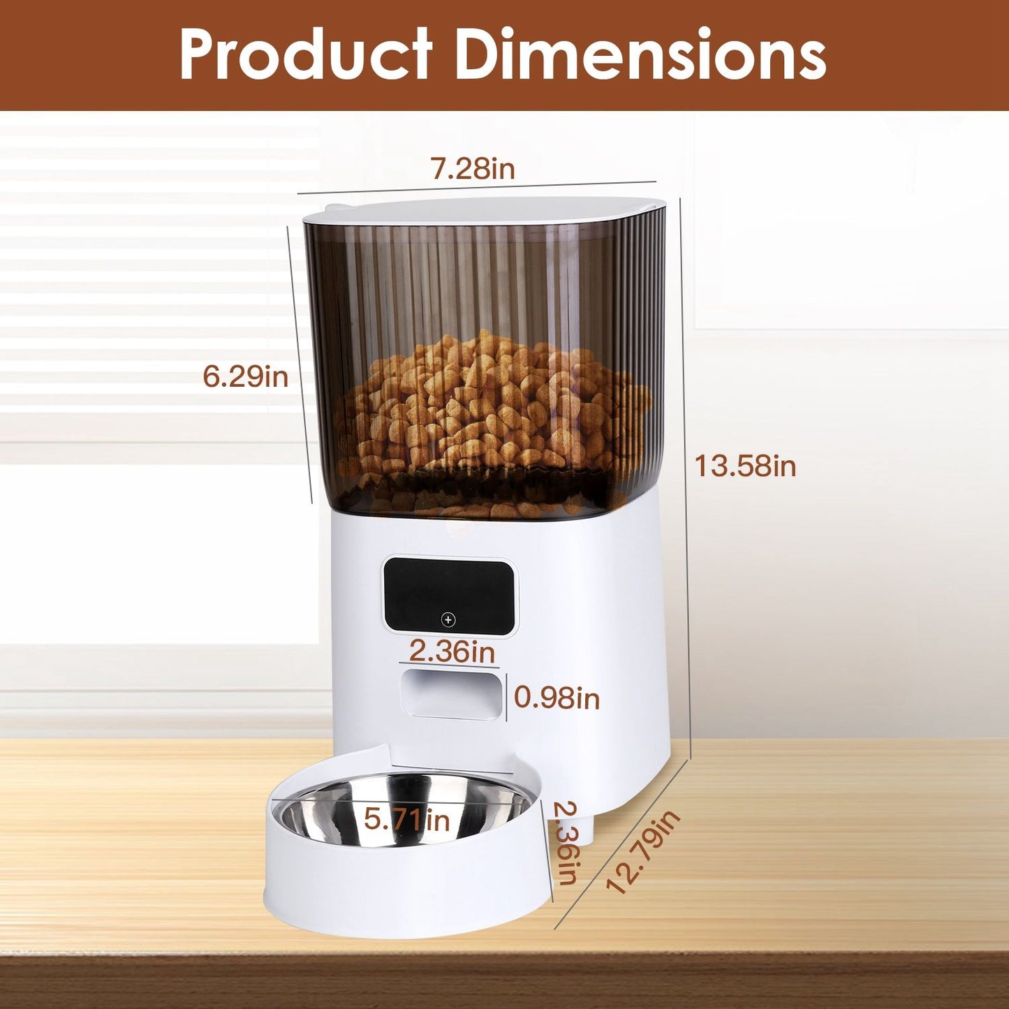 Feeder dimensions diagram showing height 13.58 in, width 7.28 in, depth 12.79 in and bowl diameter 5.71 in
