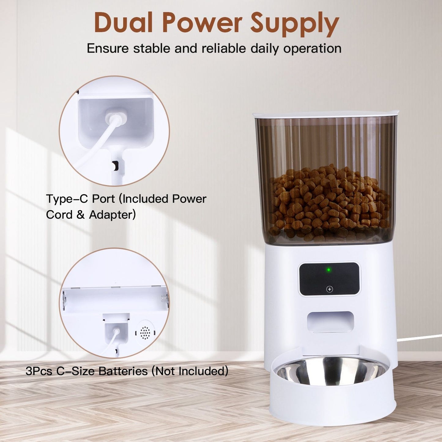 Automatic feeder with Type‑C port shown and battery compartment for three C batteries