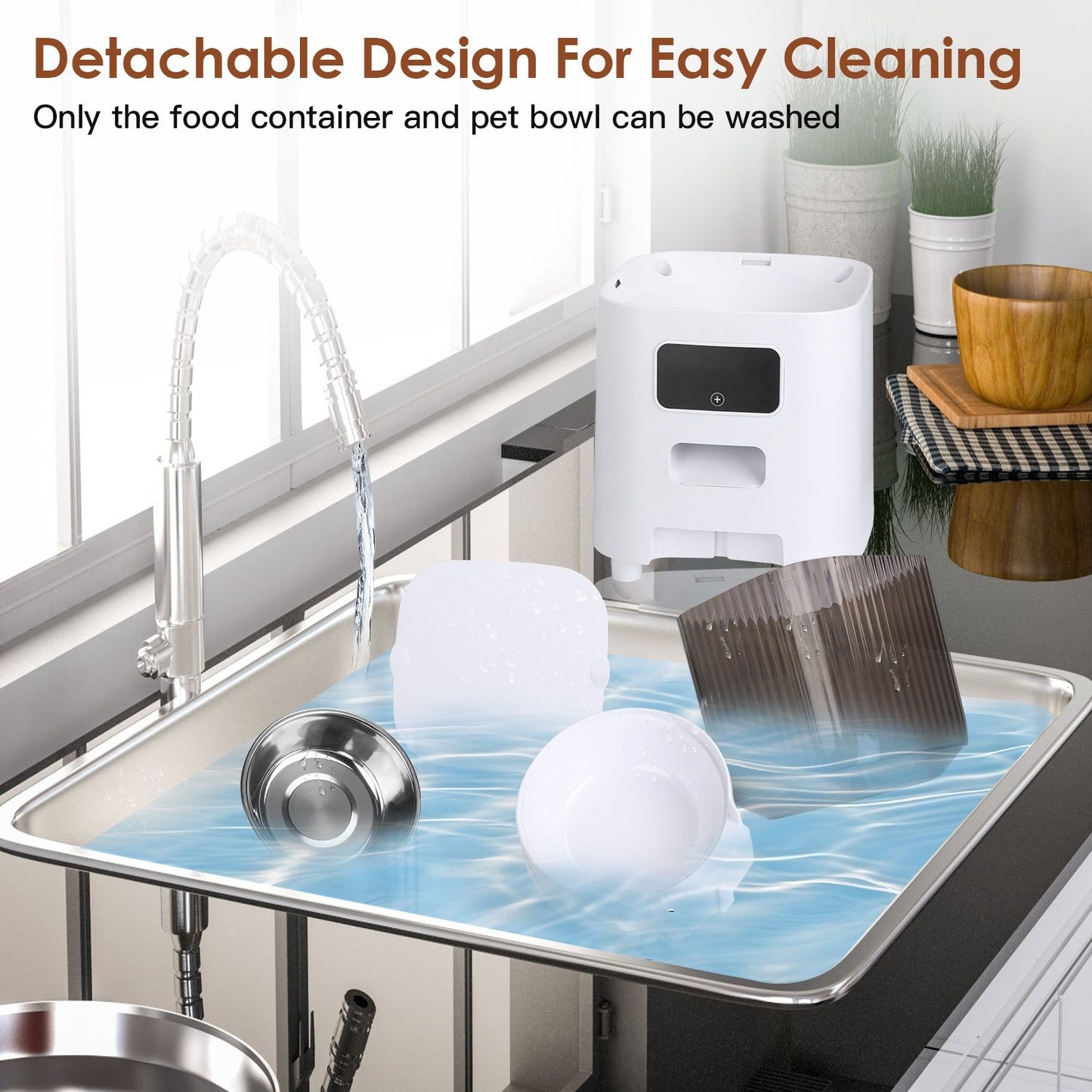 Removable hopper, lid and stainless bowl being cleaned in a sink to show detachable design for washing