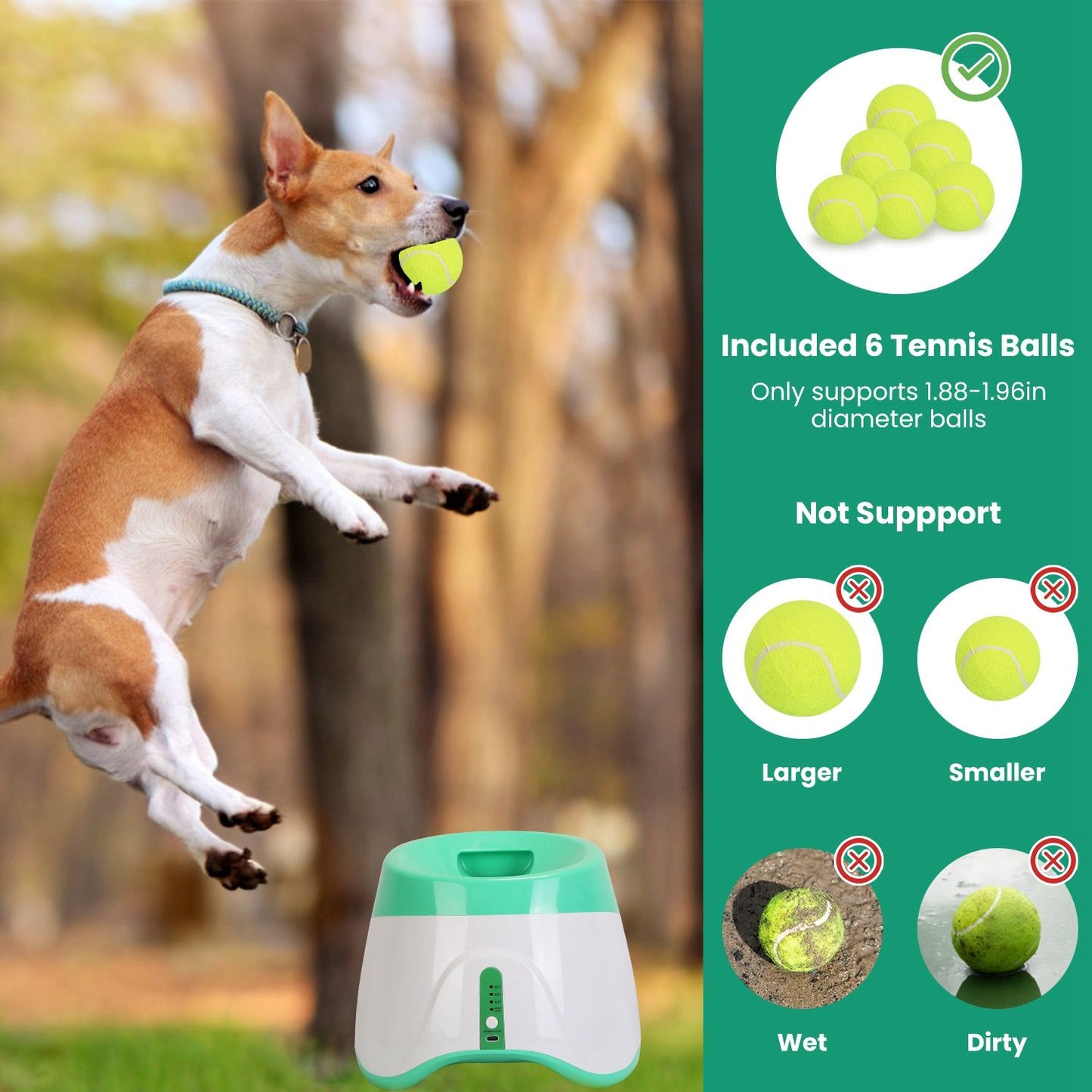 Launcher with compatibility panel showing six tennis balls and cautions about ball size and condition