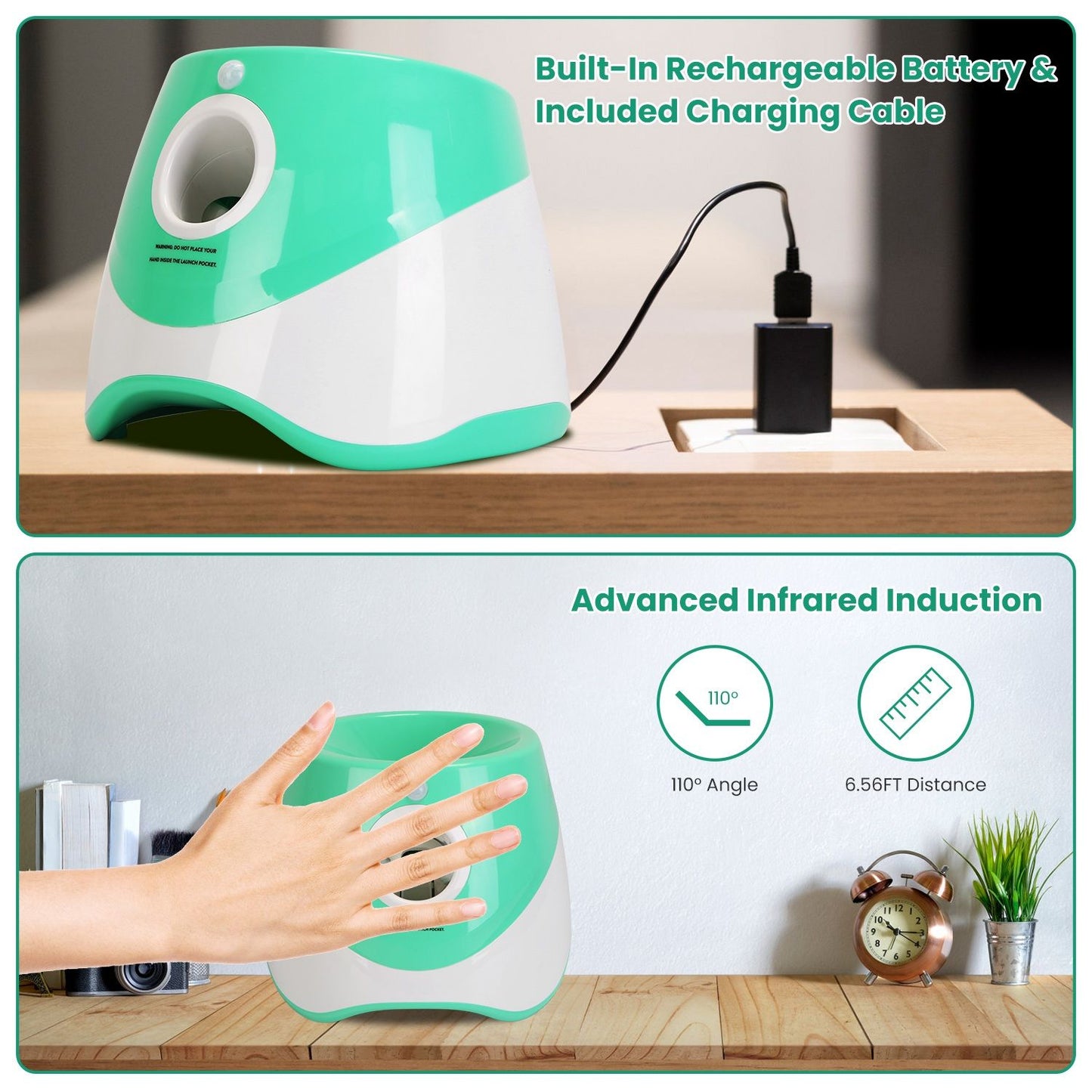 Automatic ball launcher plugged into USB Type-C charger with infrared induction graphics