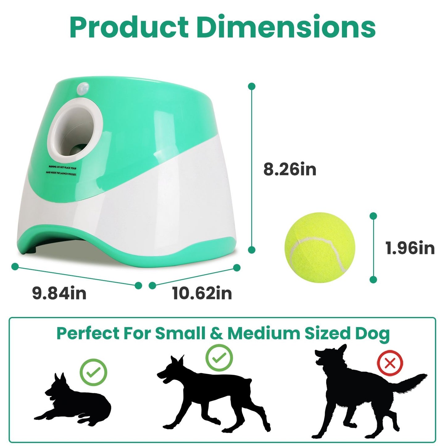 Launcher dimensions and tennis ball size graphic with small and medium dog guidance