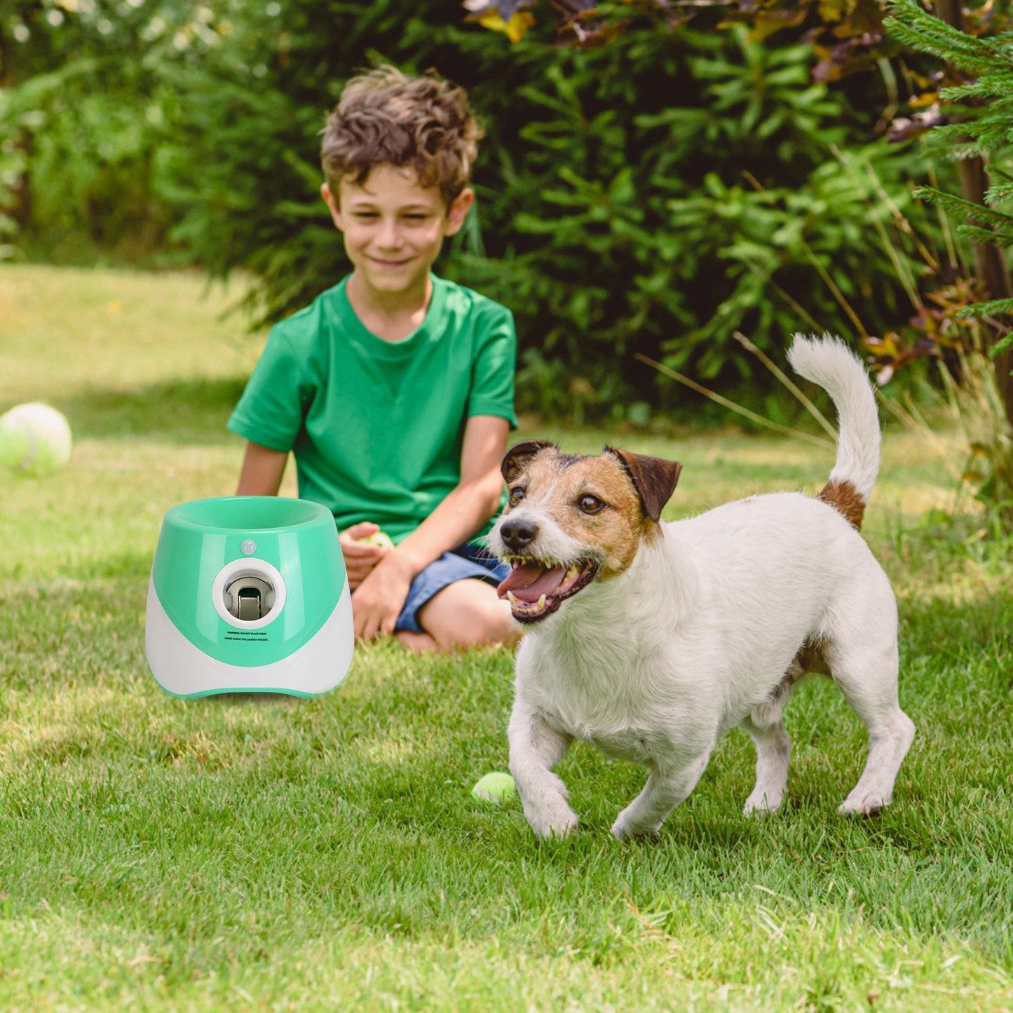 Child and dog in grass with automatic ball launcher and scattered tennis balls