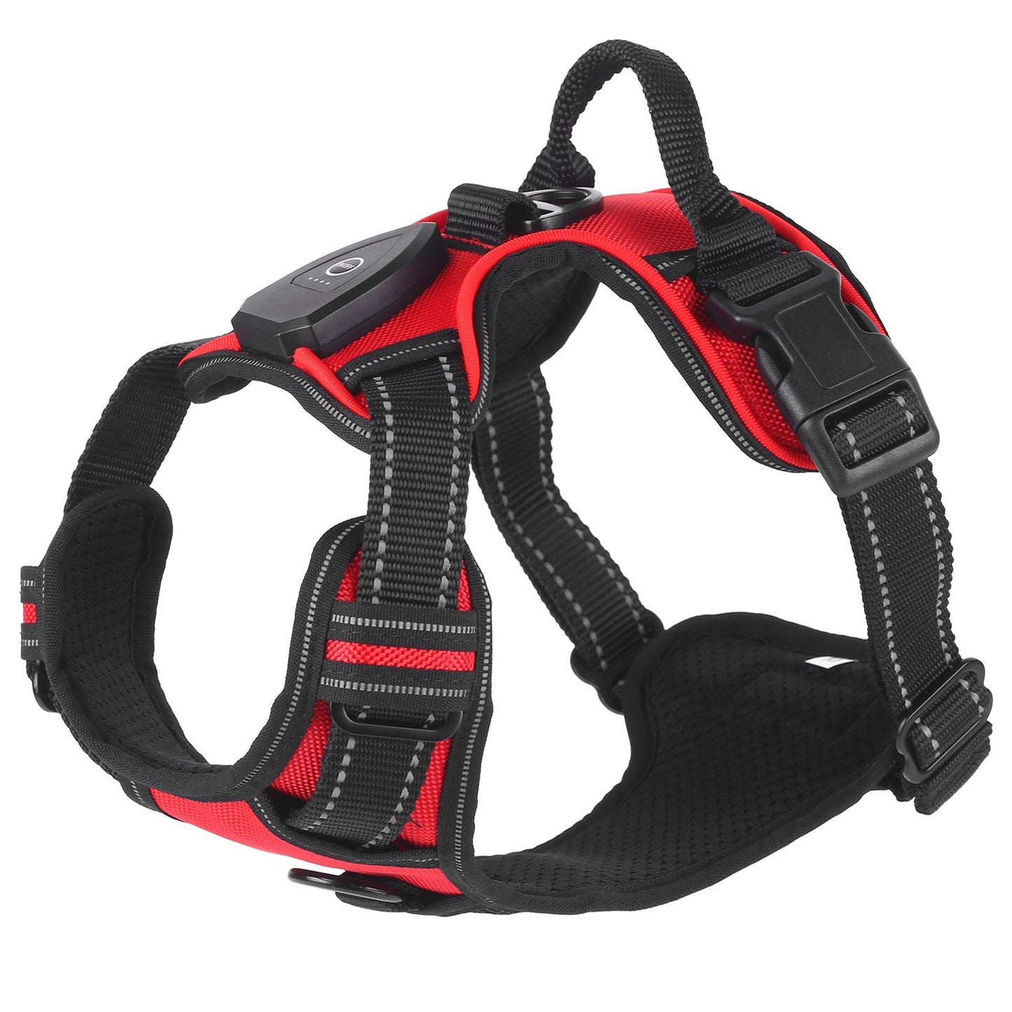 Red and black LED dog harness close-up showing mesh pad, handle, buckles, and LED module