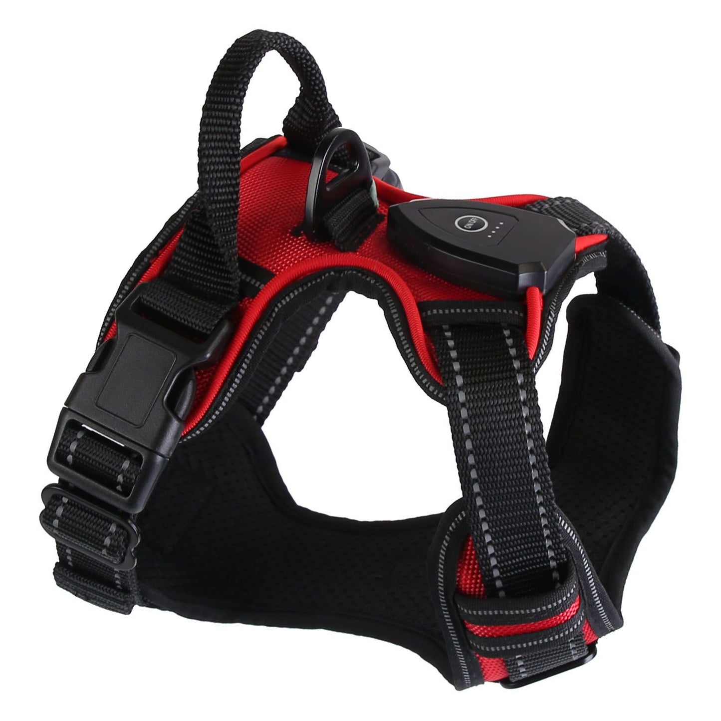 Angled studio view of red harness showing handle, D-ring, LED module, and quick-release buckle