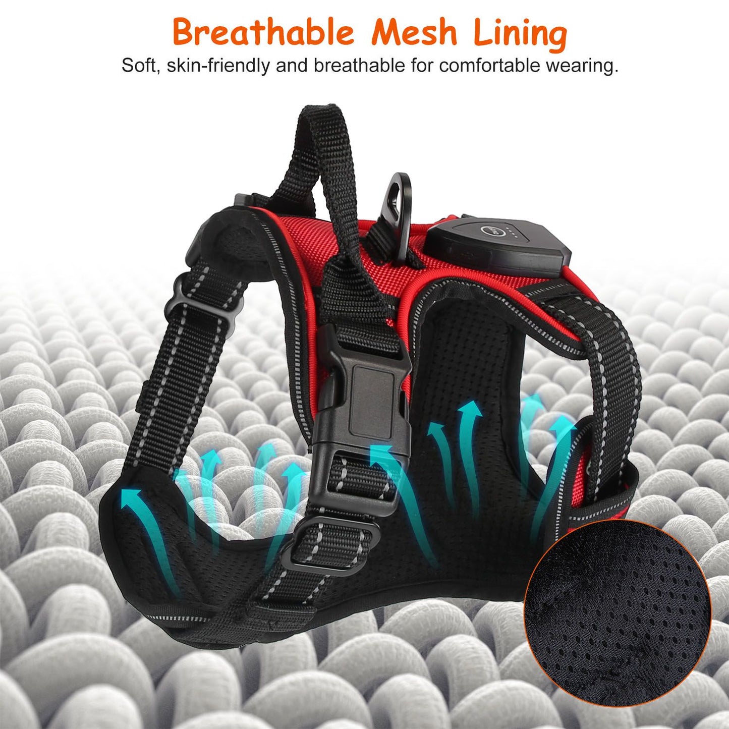 Close-up of harness breathable mesh chest pad showing airflow and soft lining