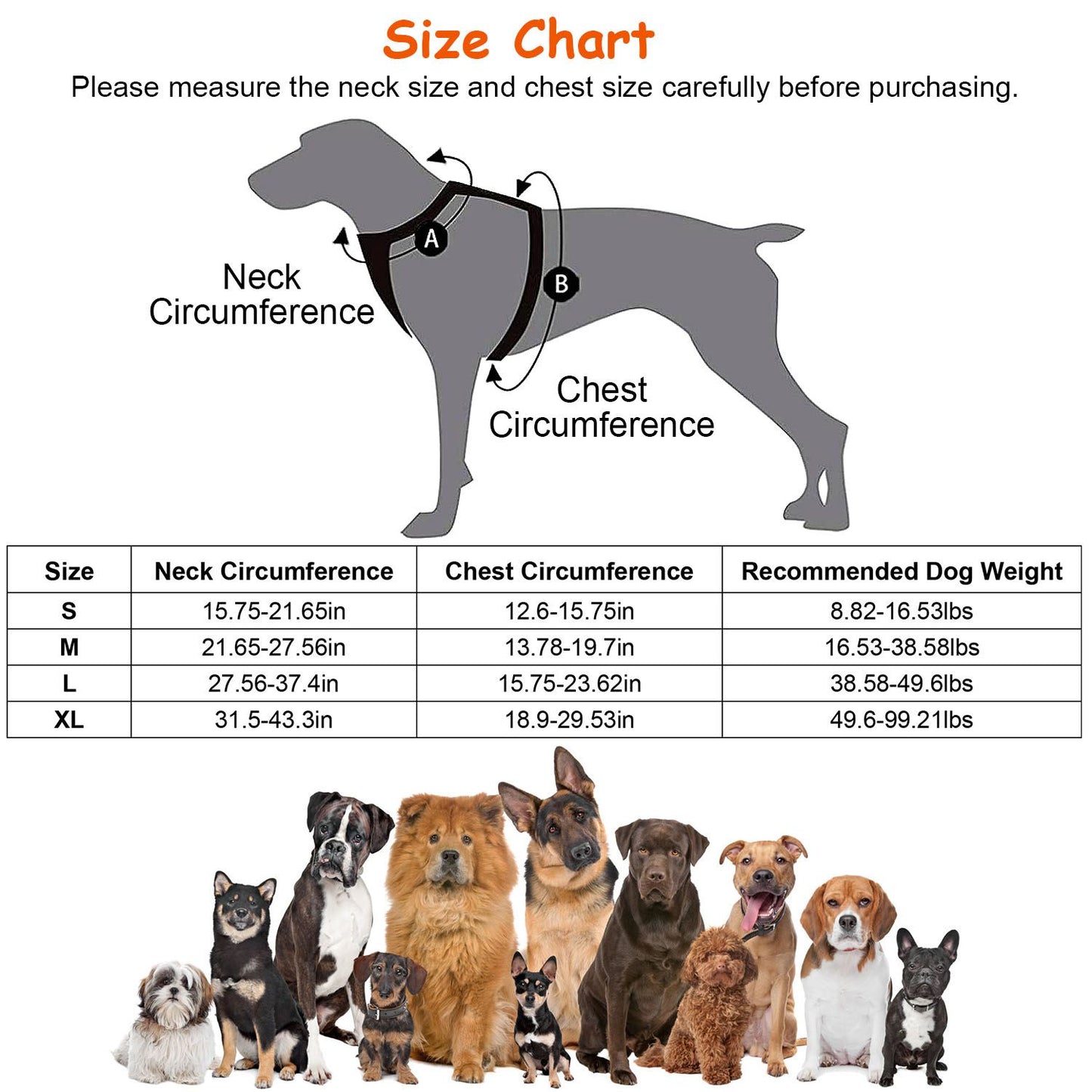 Harness measurement guide and size table for S M L XL with chest and neck dimensions