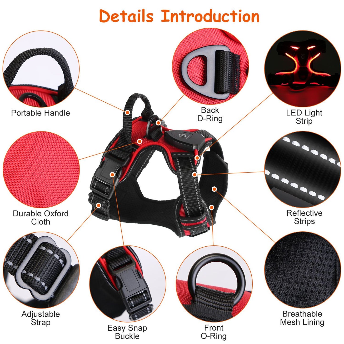 Labeled harness features diagram showing handle, rings, LED strip, buckles, and mesh lining
