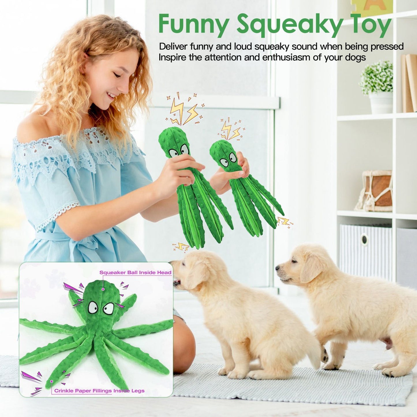 Person holding two green octopus squeaky toys while two puppies watch attentively indoors