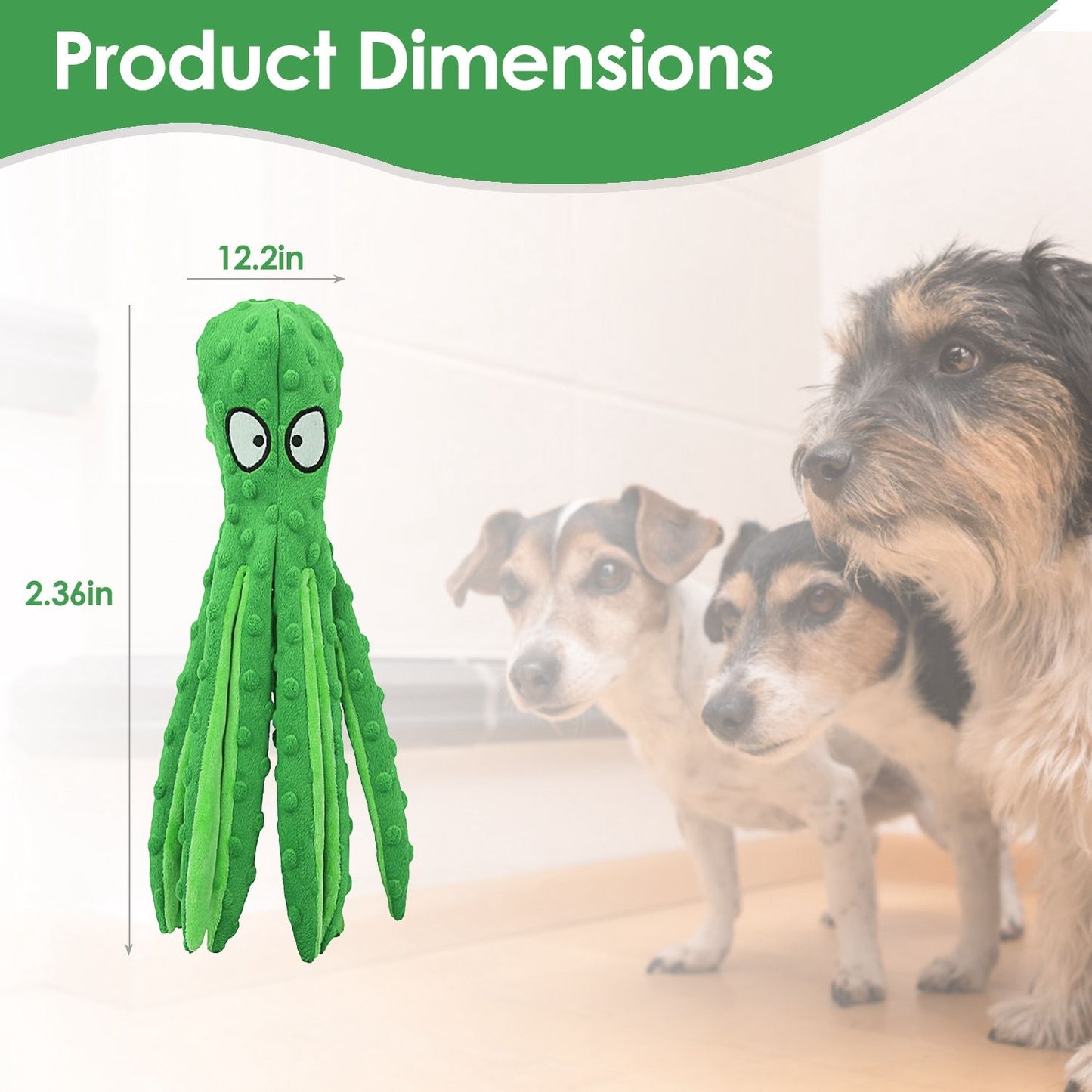 Green octopus plush toy with dimension callouts approximately 12.2 in by 2.36 in against a neutral background