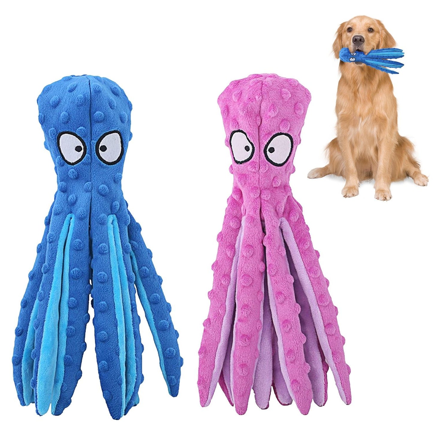 Blue and pink octopus plush squeaky toys with a golden retriever holding the blue toy to show size