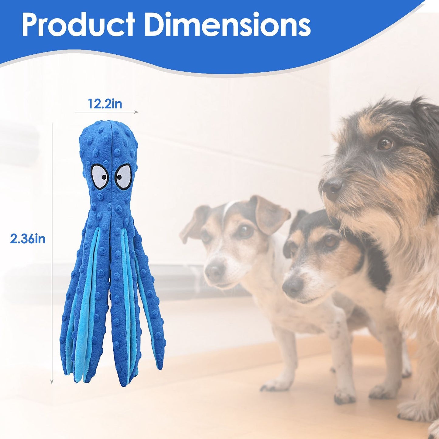 Blue octopus plush toy with size annotations approximately 12.2 in by 2.36 in and soft-focus dogs in background