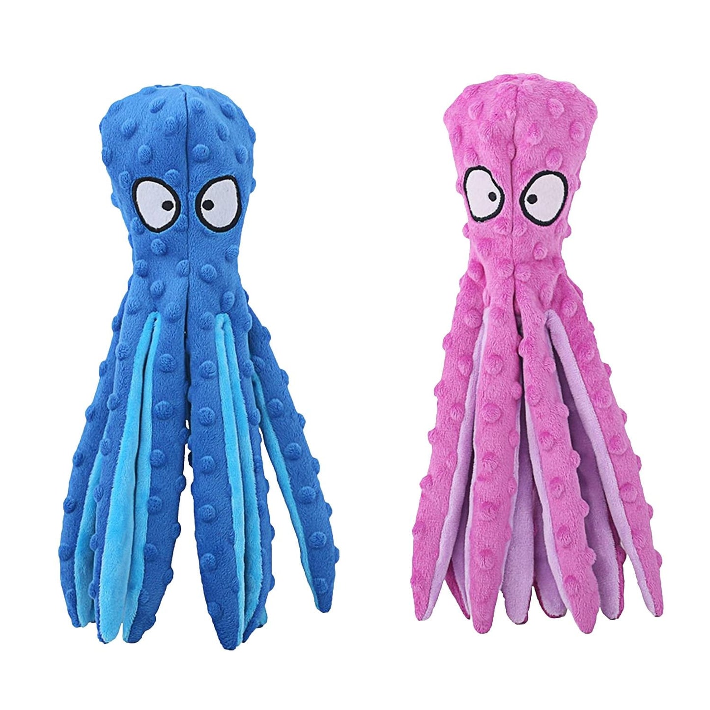 Blue and pink octopus-shaped plush squeaky dog toys side by side on white background