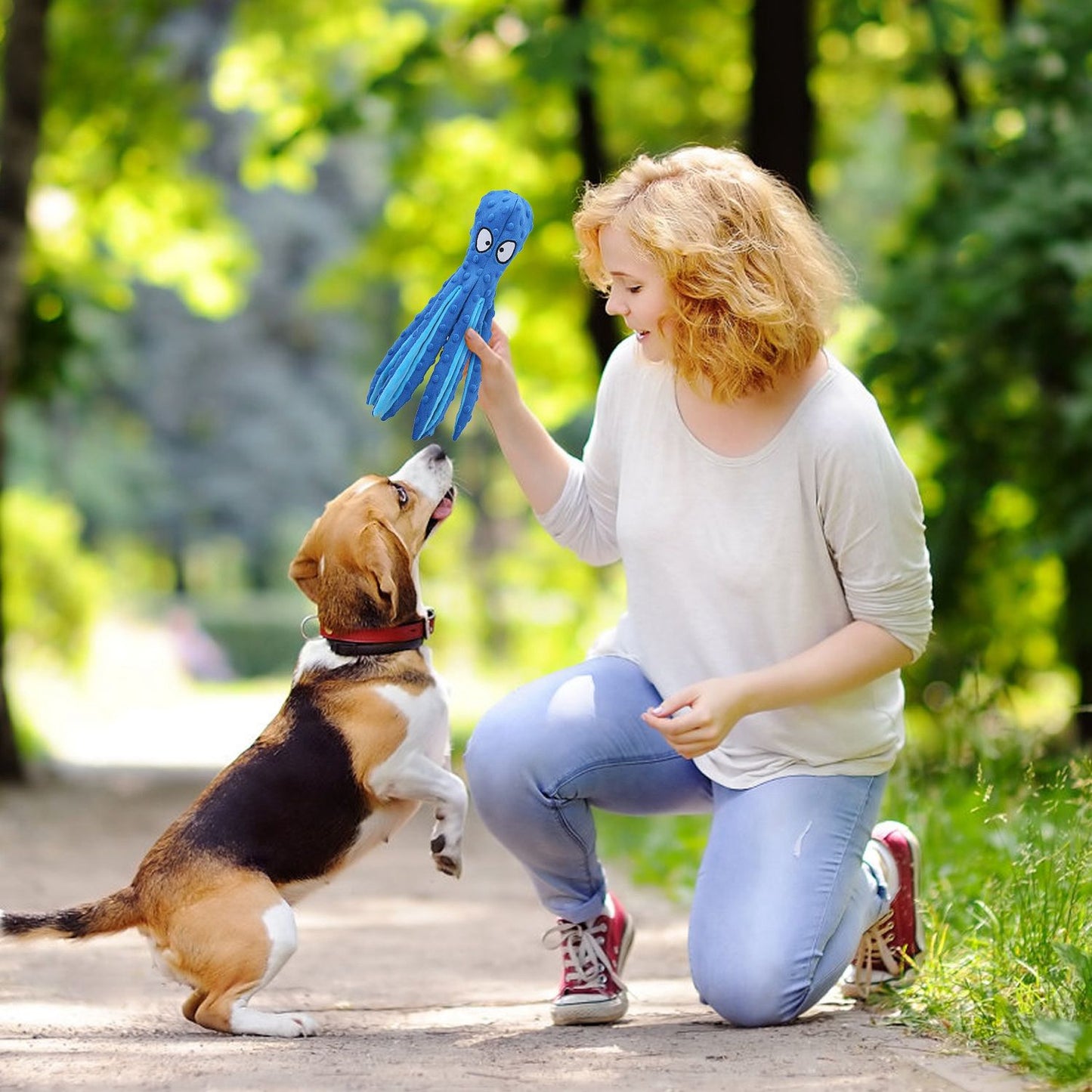 Person holding a blue octopus toy in a park as a small dog jumps up to reach it