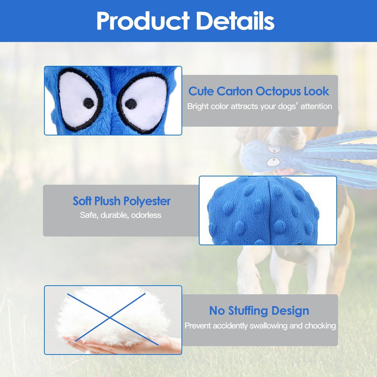 Blue product detail panels showing octopus eye close-up, plush texture and no-stuffing illustration with blue header