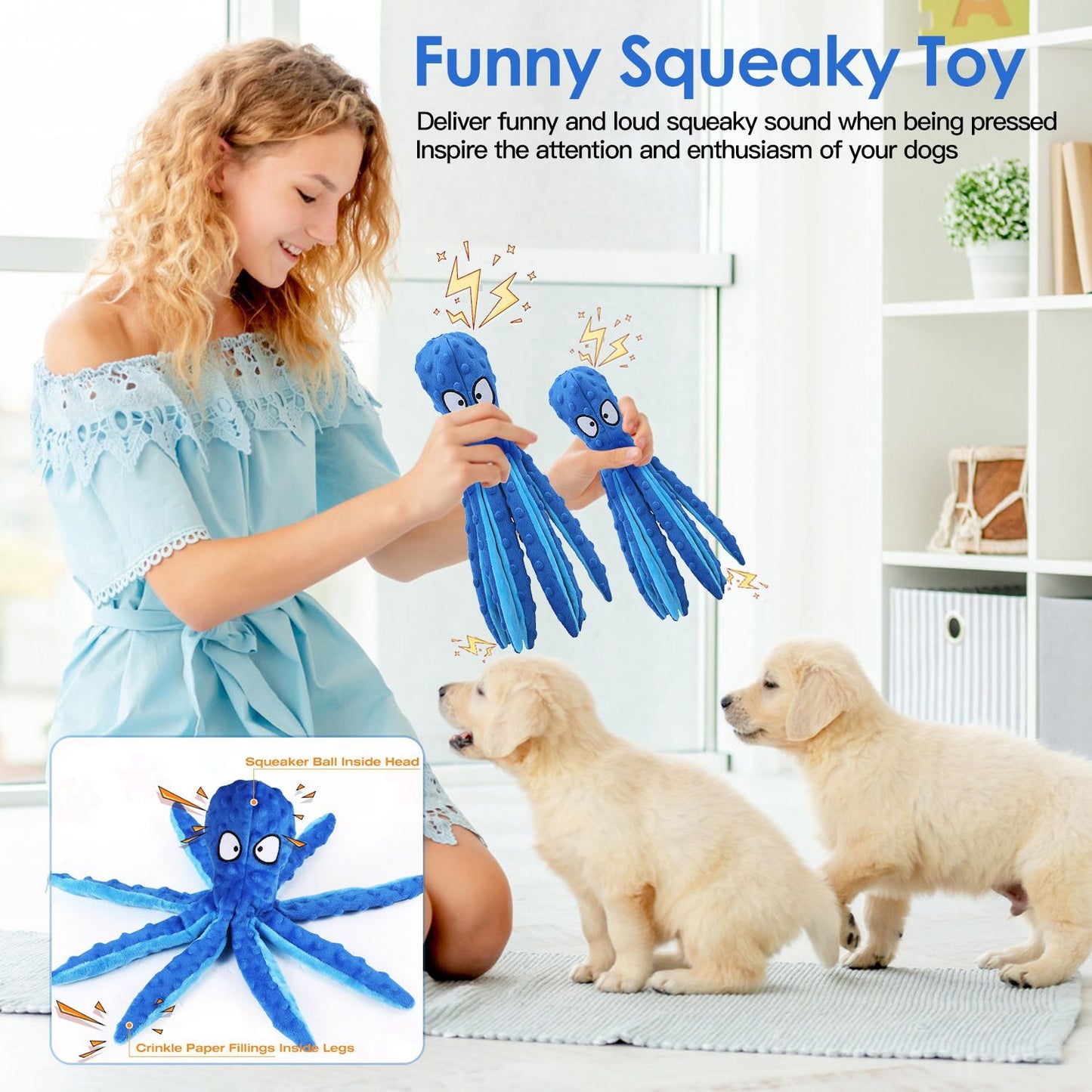 Person holding two blue octopus squeaky toys as two puppies watch, with inset showing squeaker and crinkle features