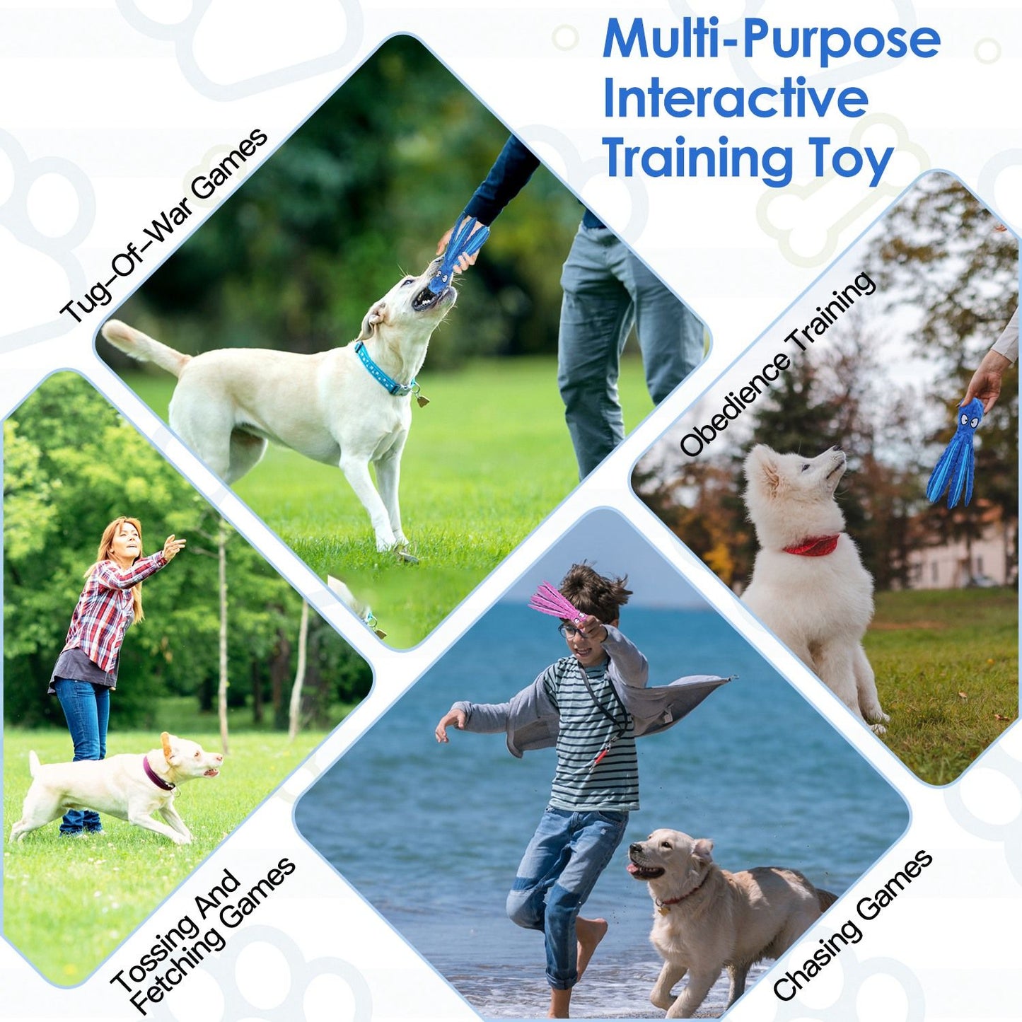 Collage of outdoor scenes with dogs and people playing with the blue octopus toy for tug, fetch and obedience training