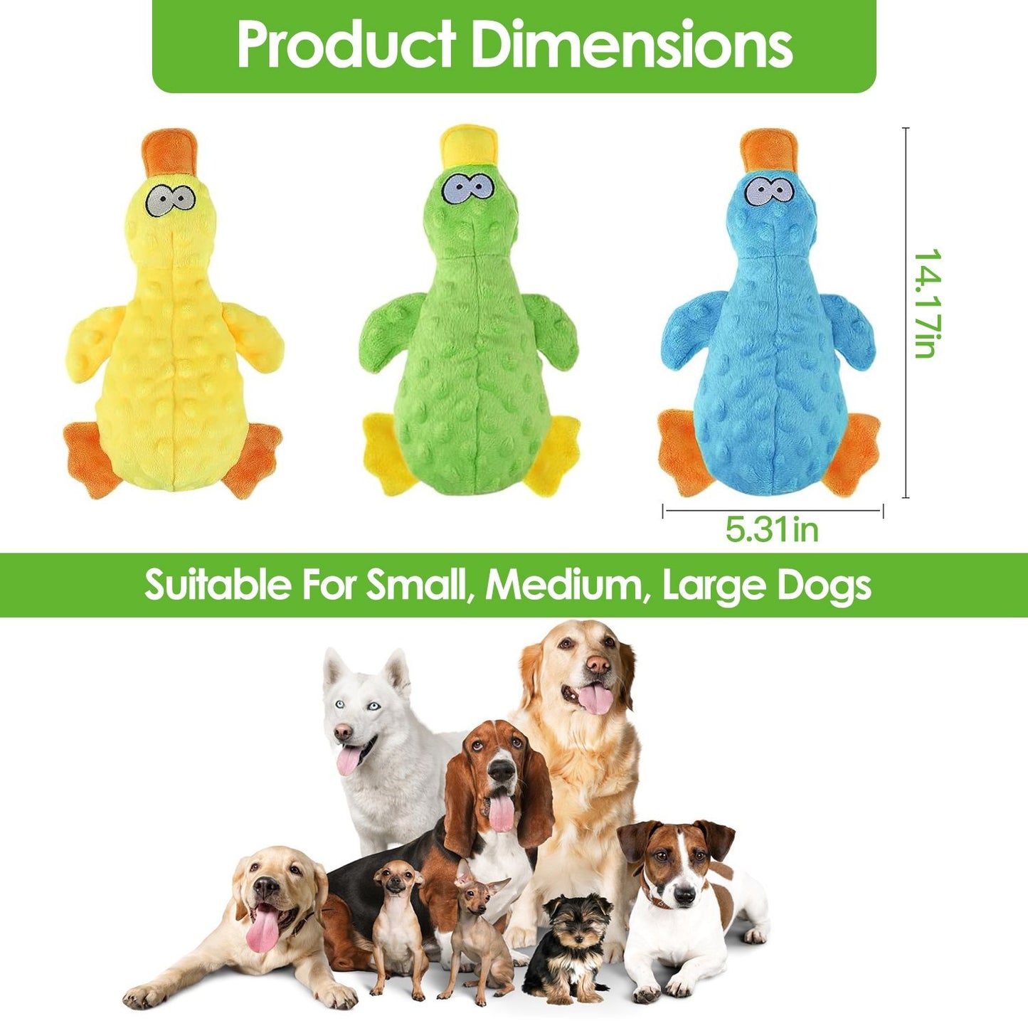 Three duck plush toys with dimensions 14.17in x 5.31in and assorted dog breeds below