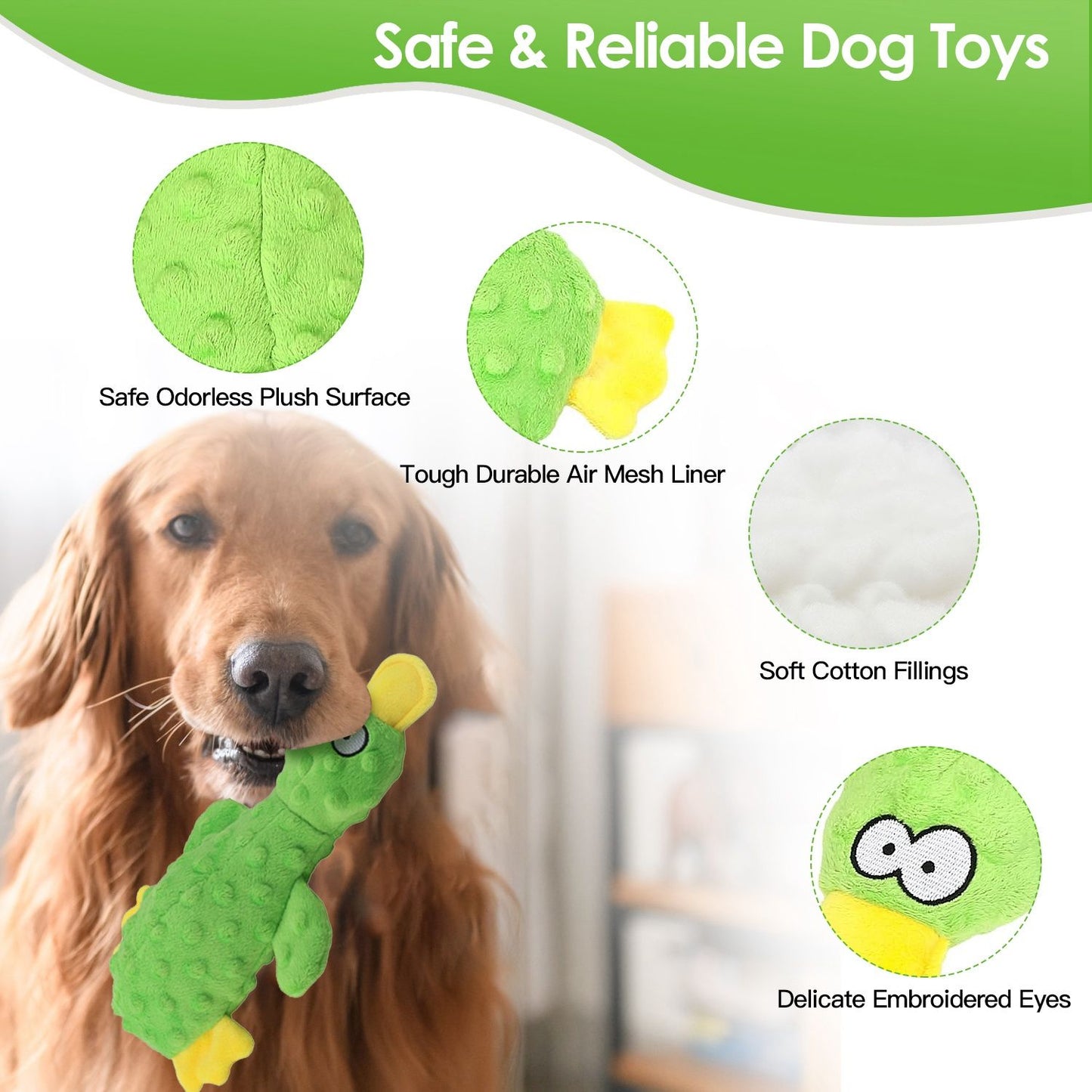 Close-up of green duck plush showing odorless surface, air-mesh liner and embroidered eyes