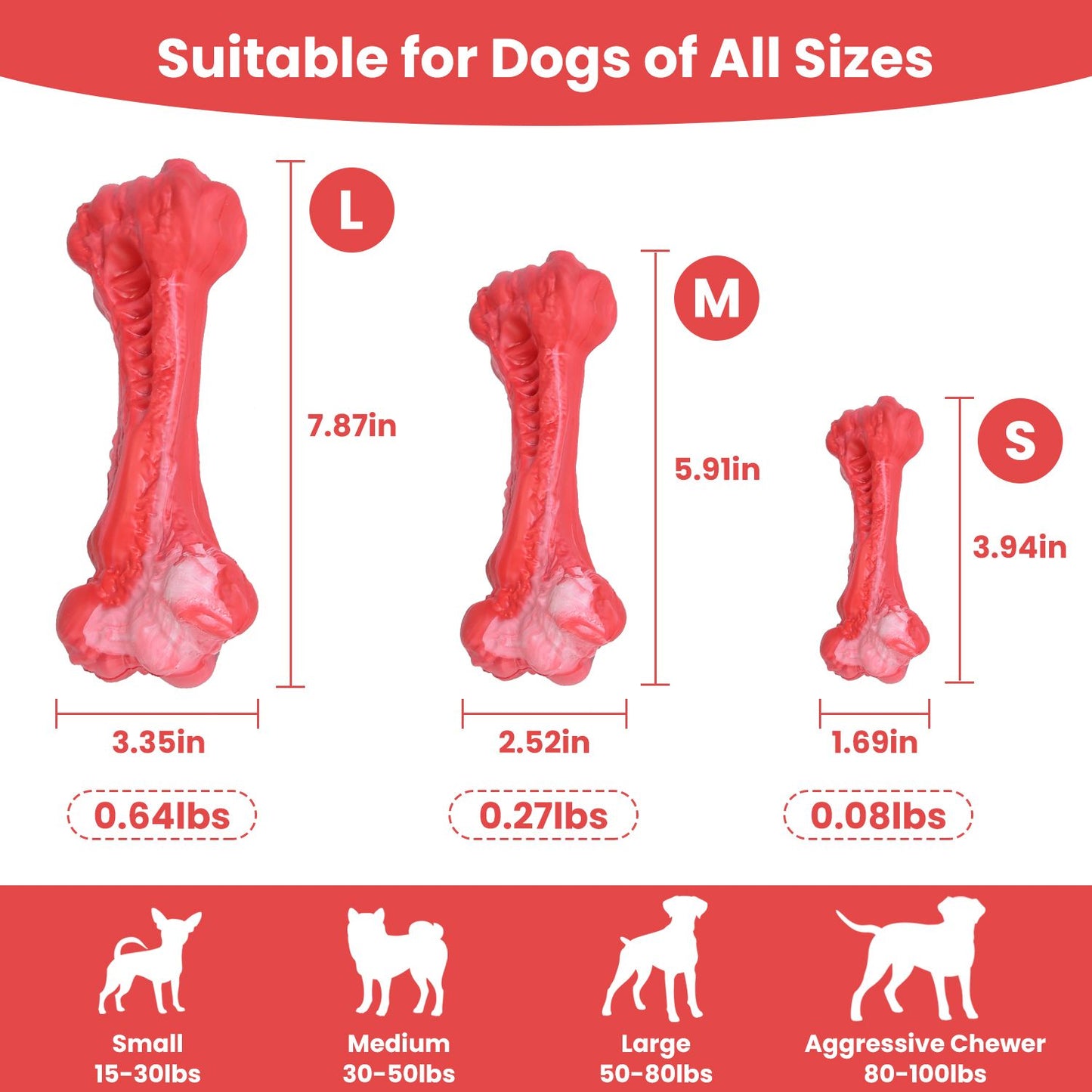 Size comparison graphic of three red bones with measurements and dog weight recommendations