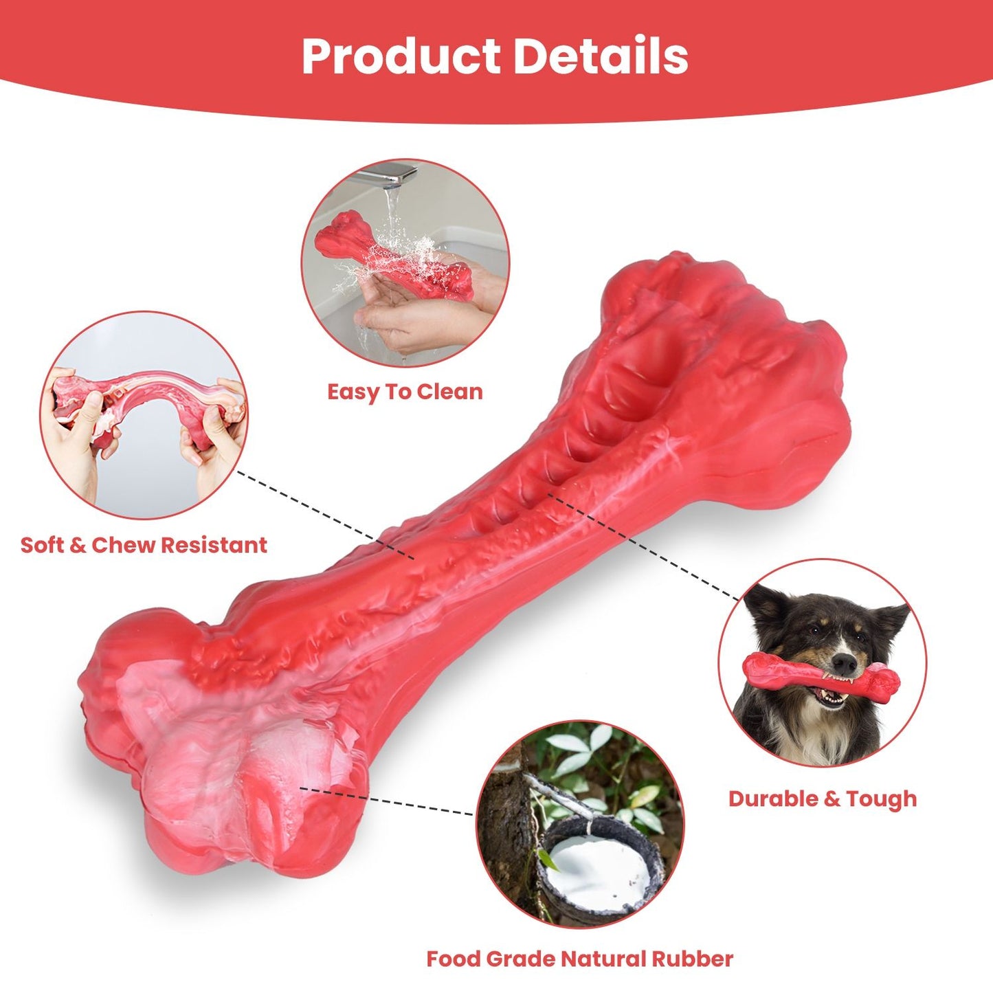 Red chew bone studio detail with insets showing easy to clean and food grade rubber features