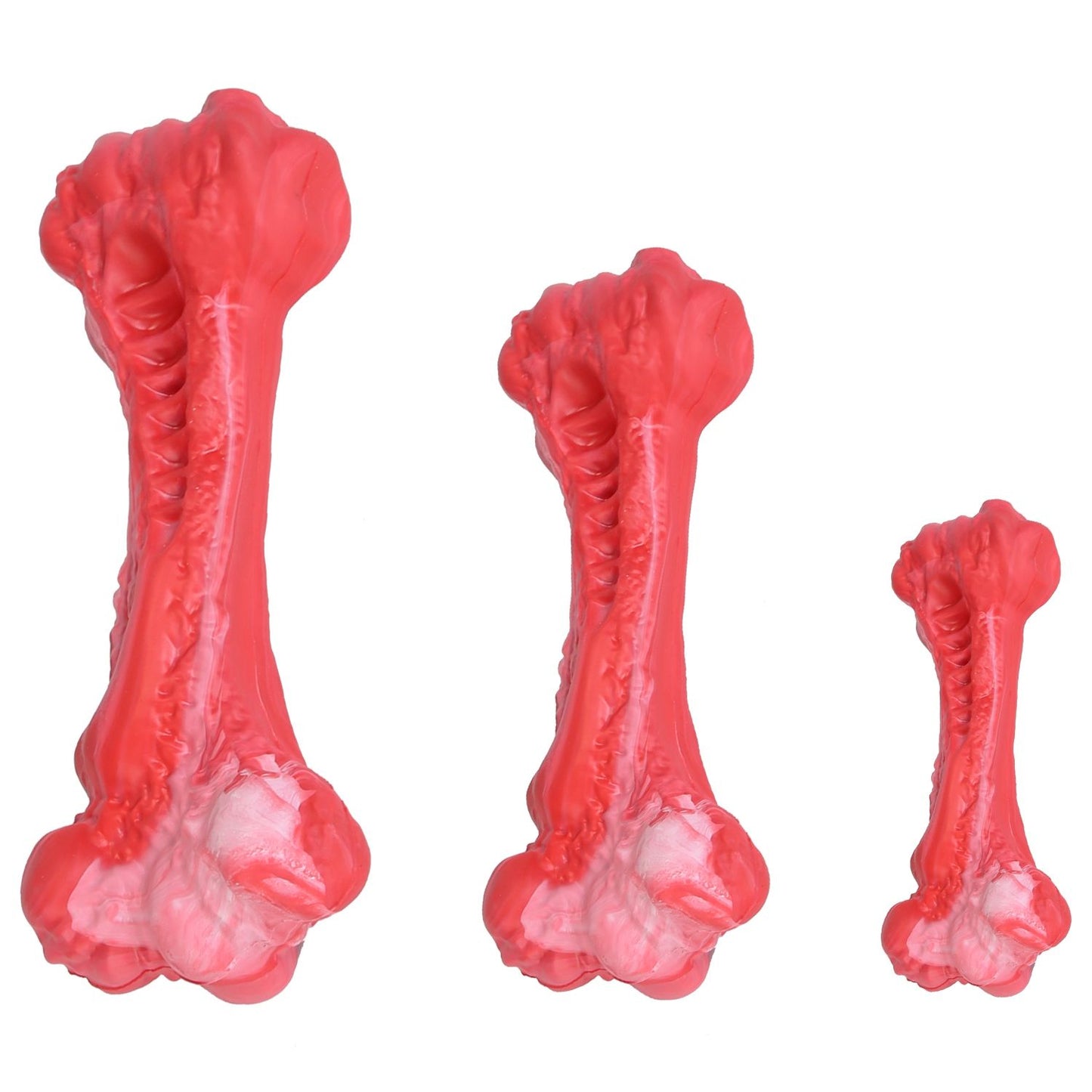 Three red chew bones in large medium and small sizes shown upright for scale