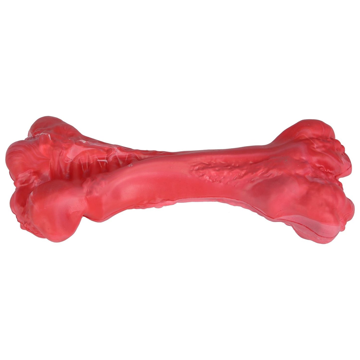 Horizontal studio shot of red dog chew bone showing curved shaft and knobbed ends