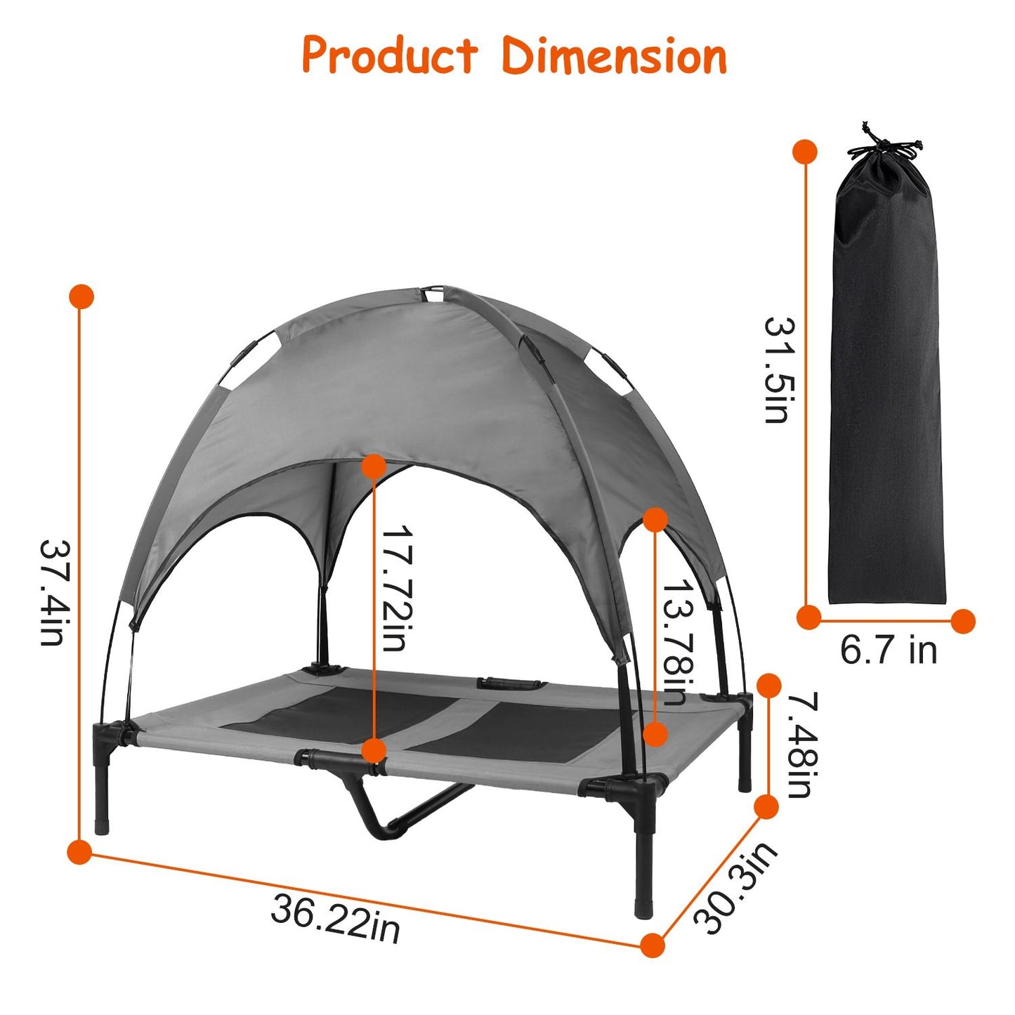 Product dimensions diagram showing assembled bed 36.22x30.3x37.4 inches and storage bag size