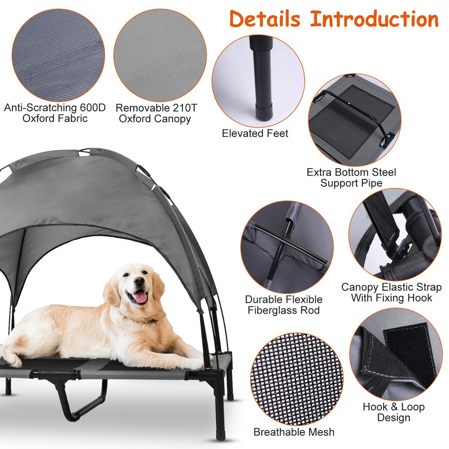 Close-ups of 600D fabric, mesh, canopy, connectors and elevated feet showing construction details