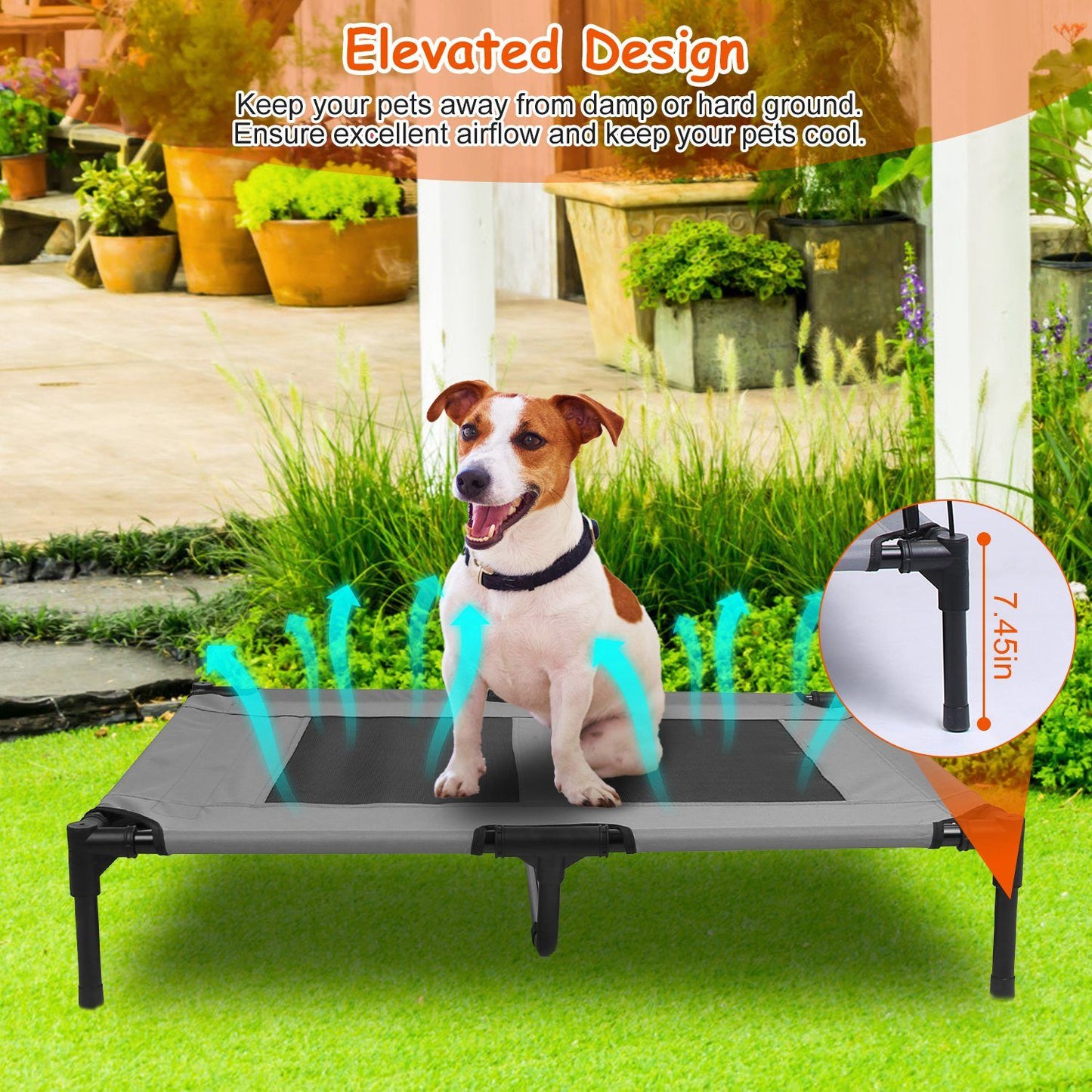 Raised pet bed showing airflow, 7.45 inch leg height and center support for cooling and stability