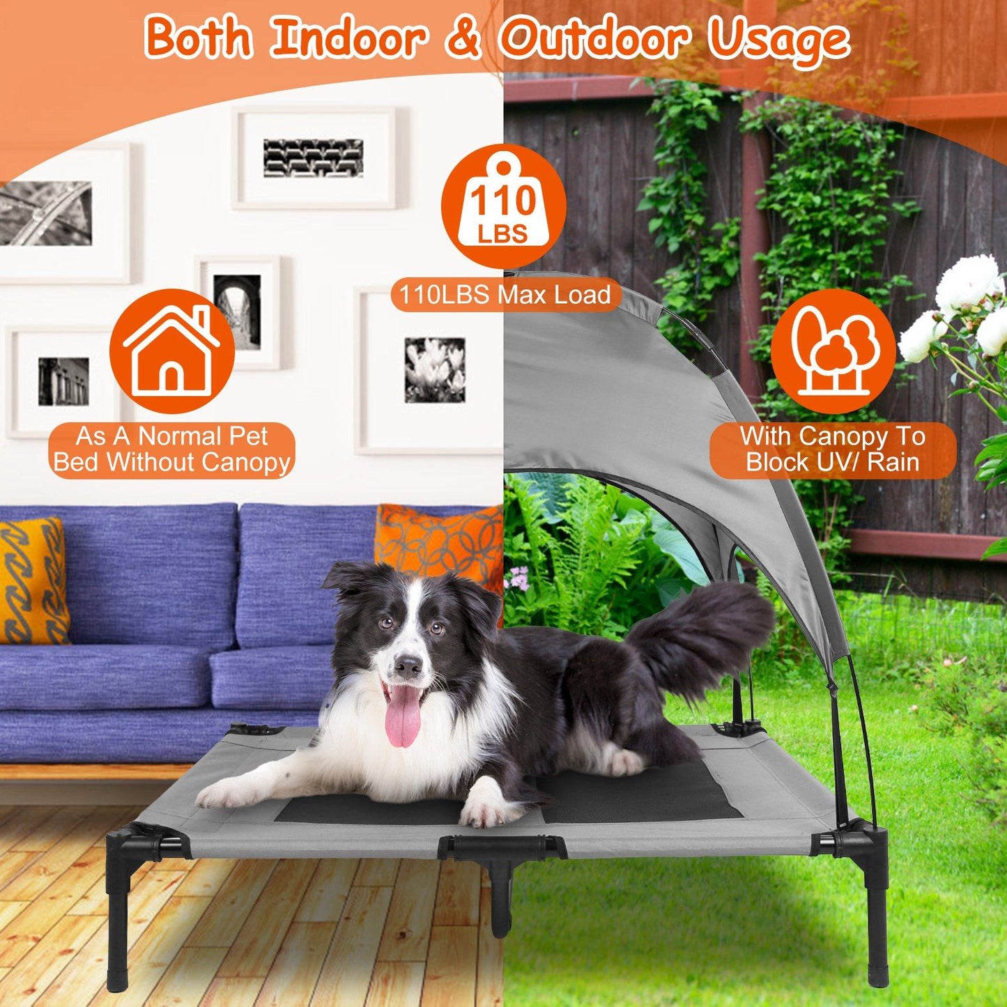 Elevated pet cot shown for indoor and outdoor use with 110 lb max load and removable canopy