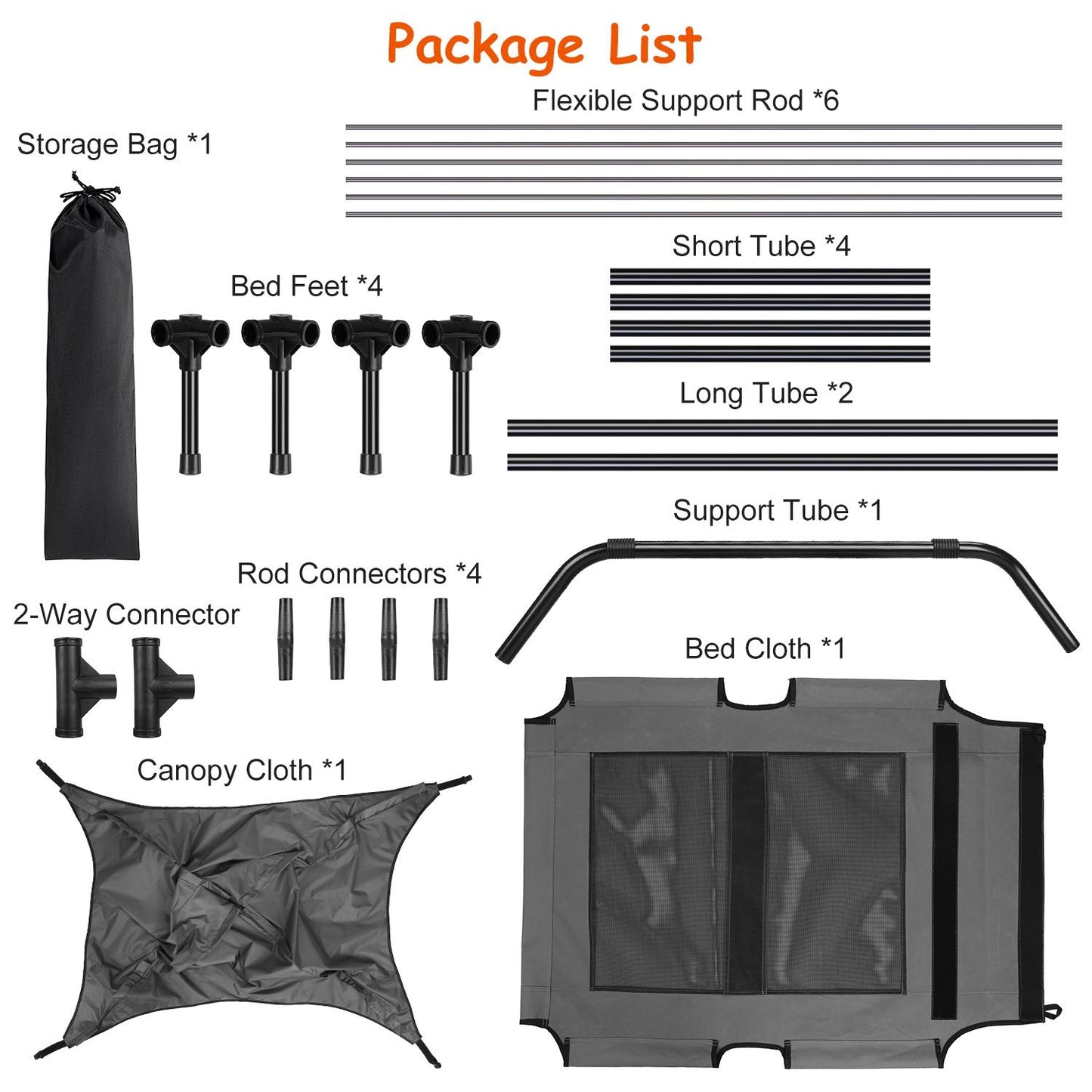 Package contents laid out showing canopy, bed cloth, rods, tubes, connectors and storage bag