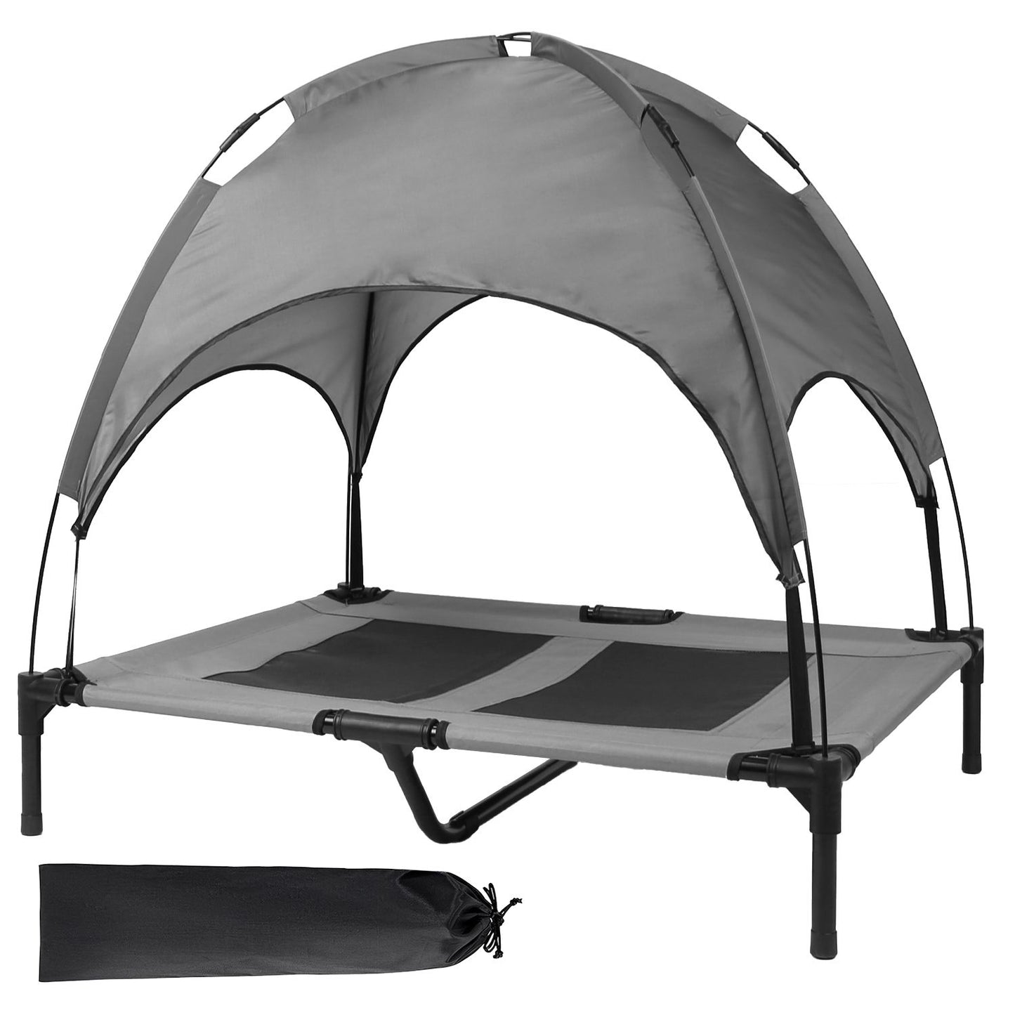 Studio image of grey elevated dog bed with removable canopy and storage bag on white background