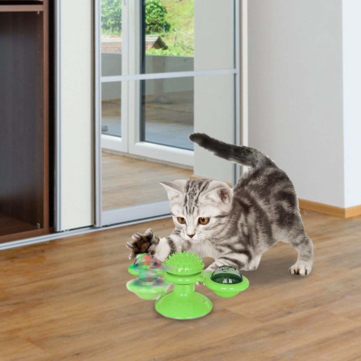kitten playing with green spinning windmill cat toy on wood floor