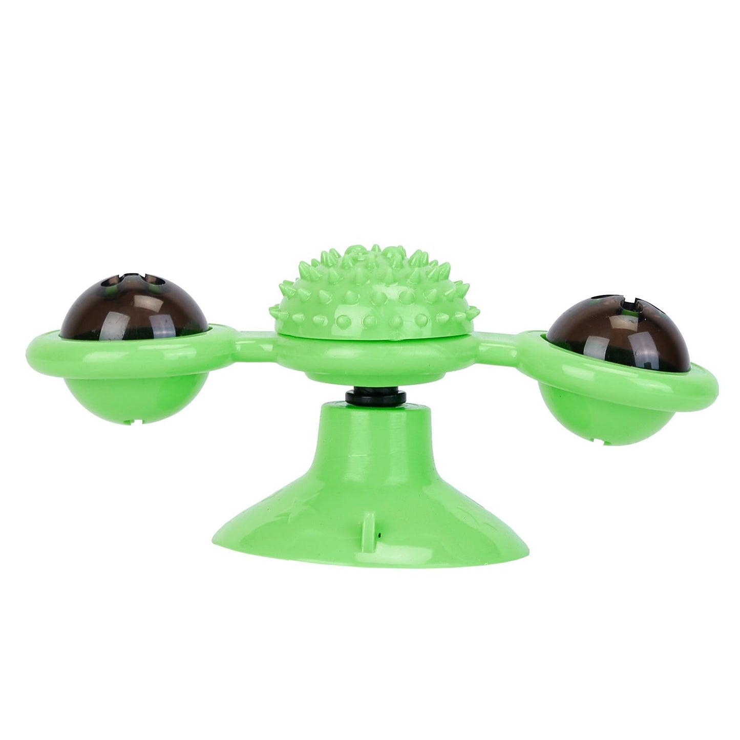 side view green windmill cat toy showing suction base and two translucent domes