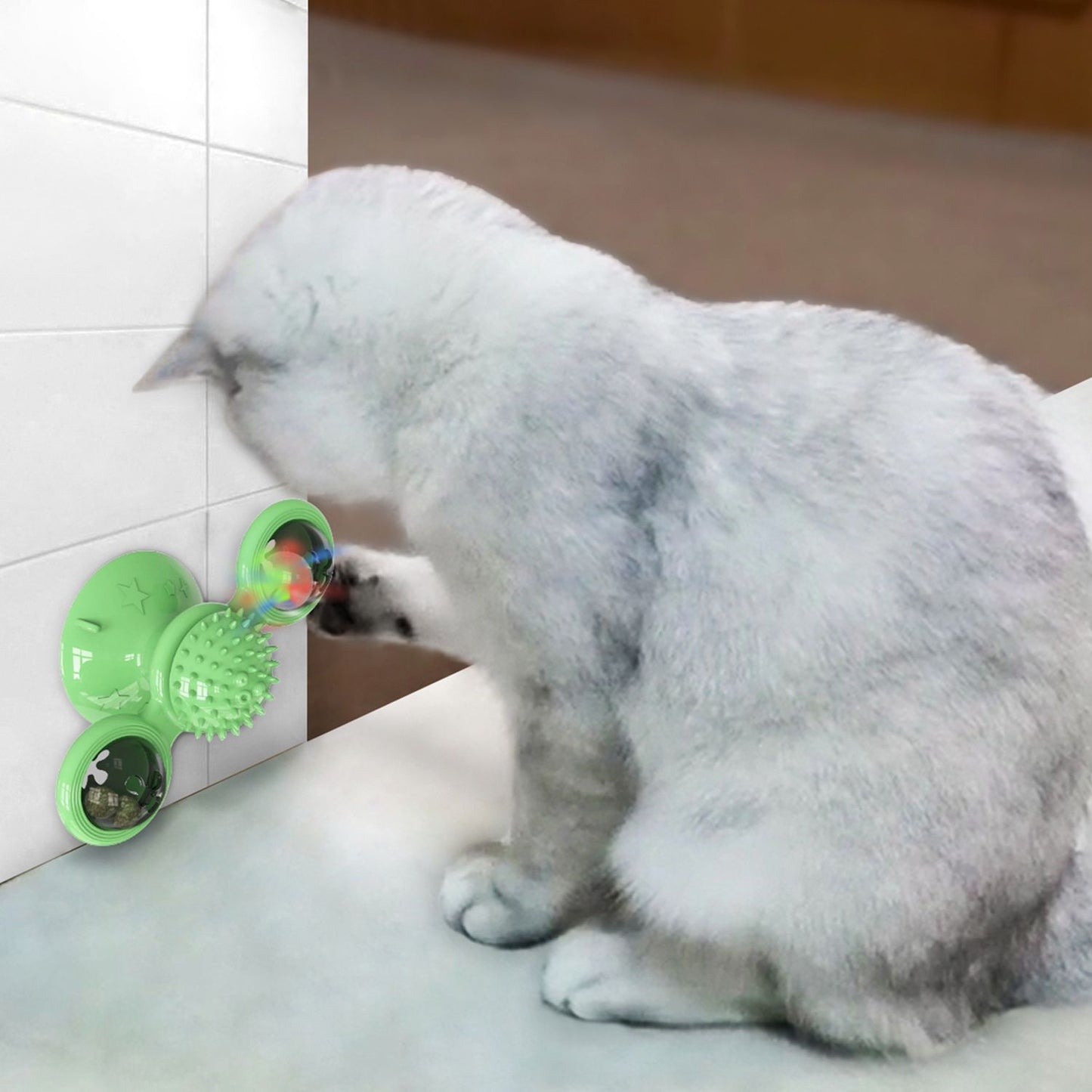 cat pawing wall-mounted green windmill toy with open transparent bin