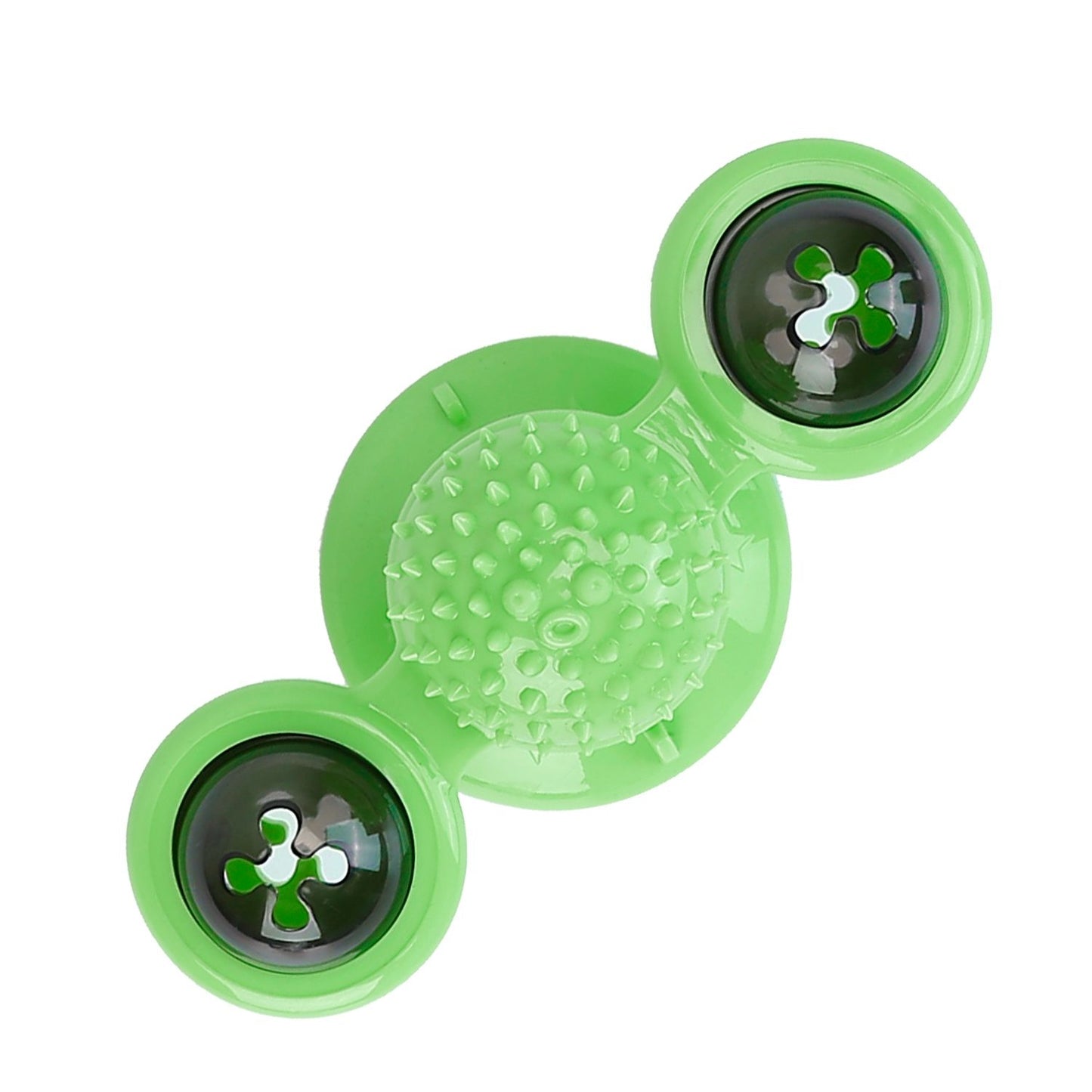 top view green windmill cat toy textured center two domes and suction base
