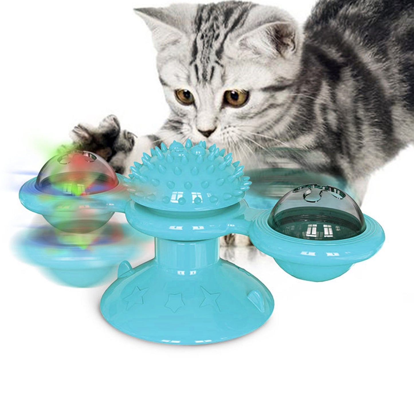 blue windmill cat toy with spinning LED ball and kitten interacting