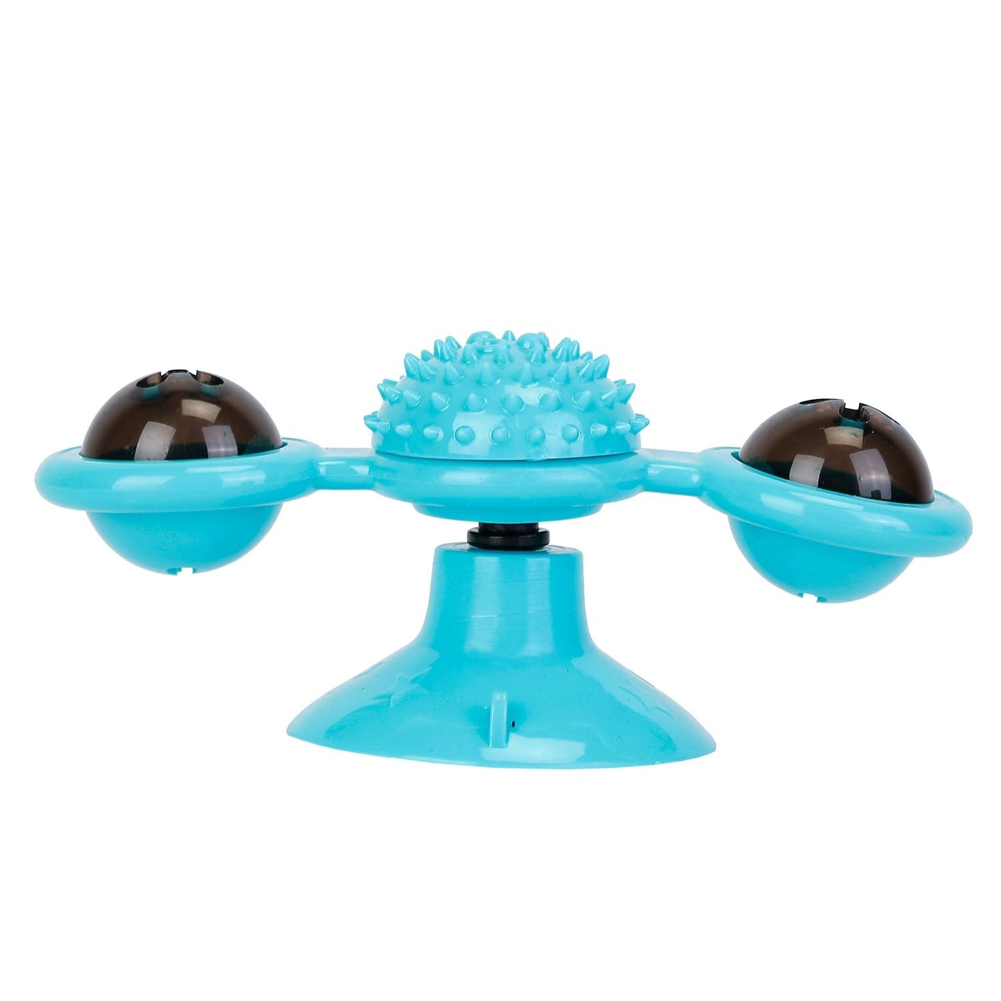 studio view blue windmill cat toy showing spiked massager two domes and suction base