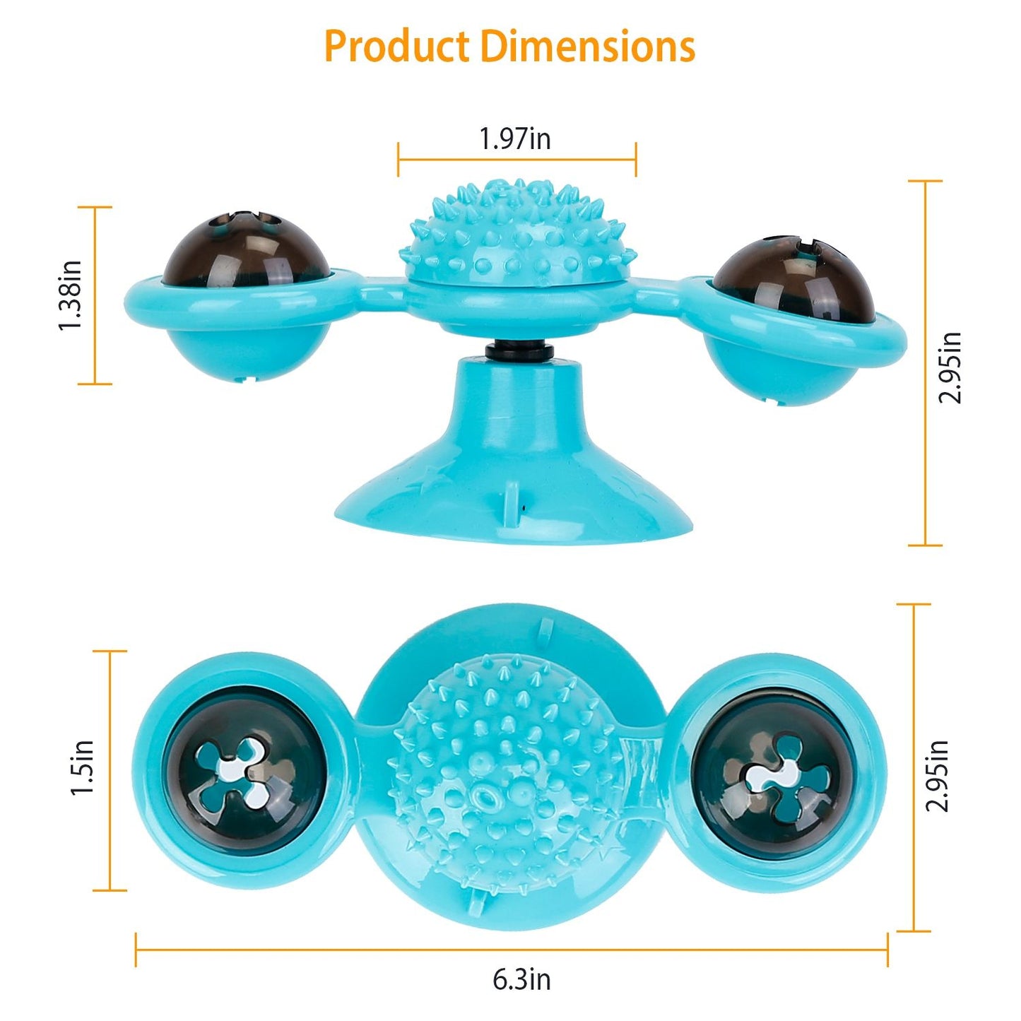 blue windmill cat toy dimensions diagram with top and side measurements