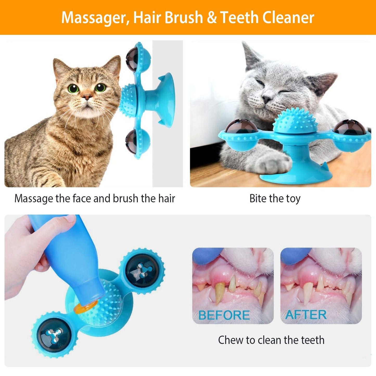 massager and toothbrush function of windmill cat toy textured center cleans teeth and grooms fur