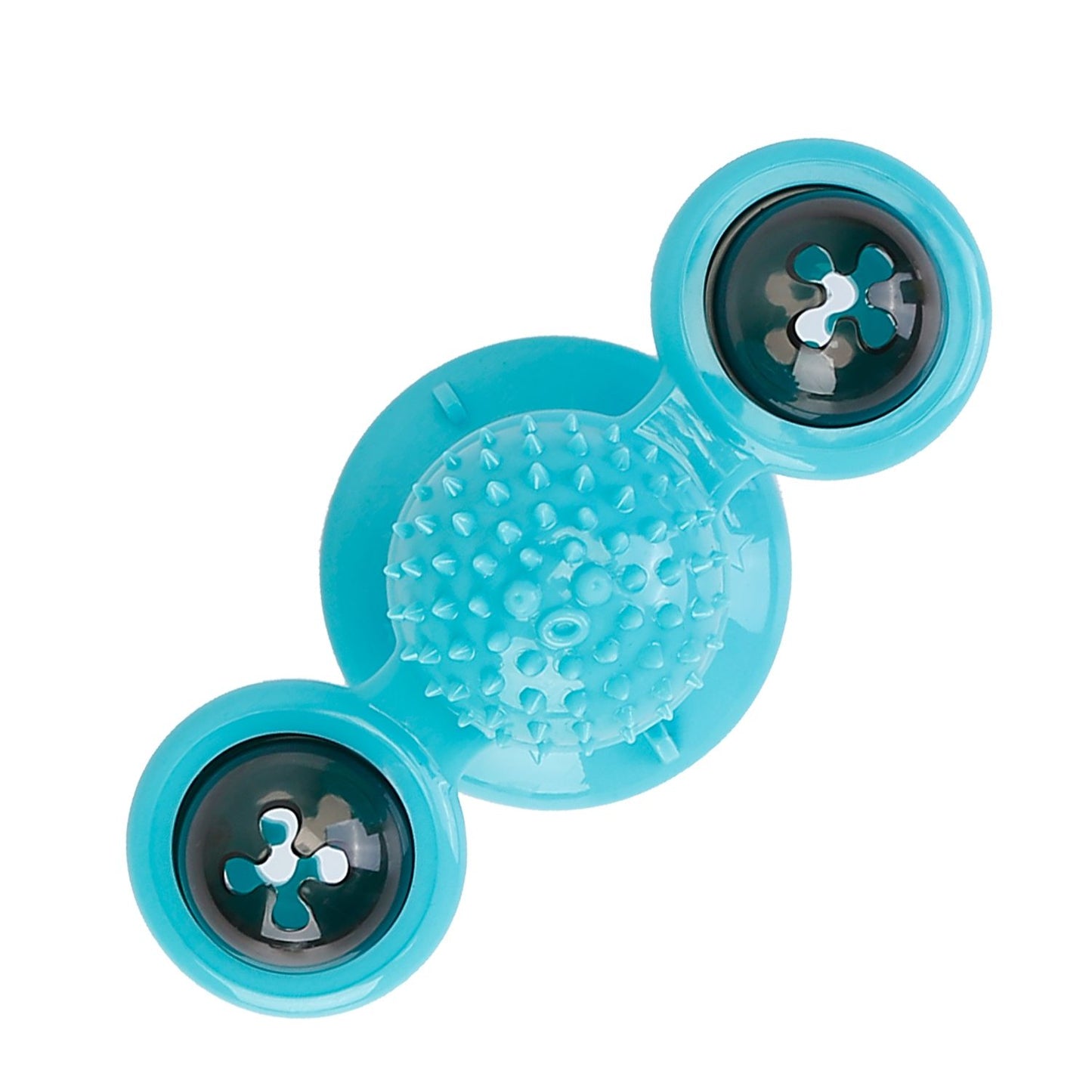 front view blue windmill cat toy with suction cup base and two clear domes