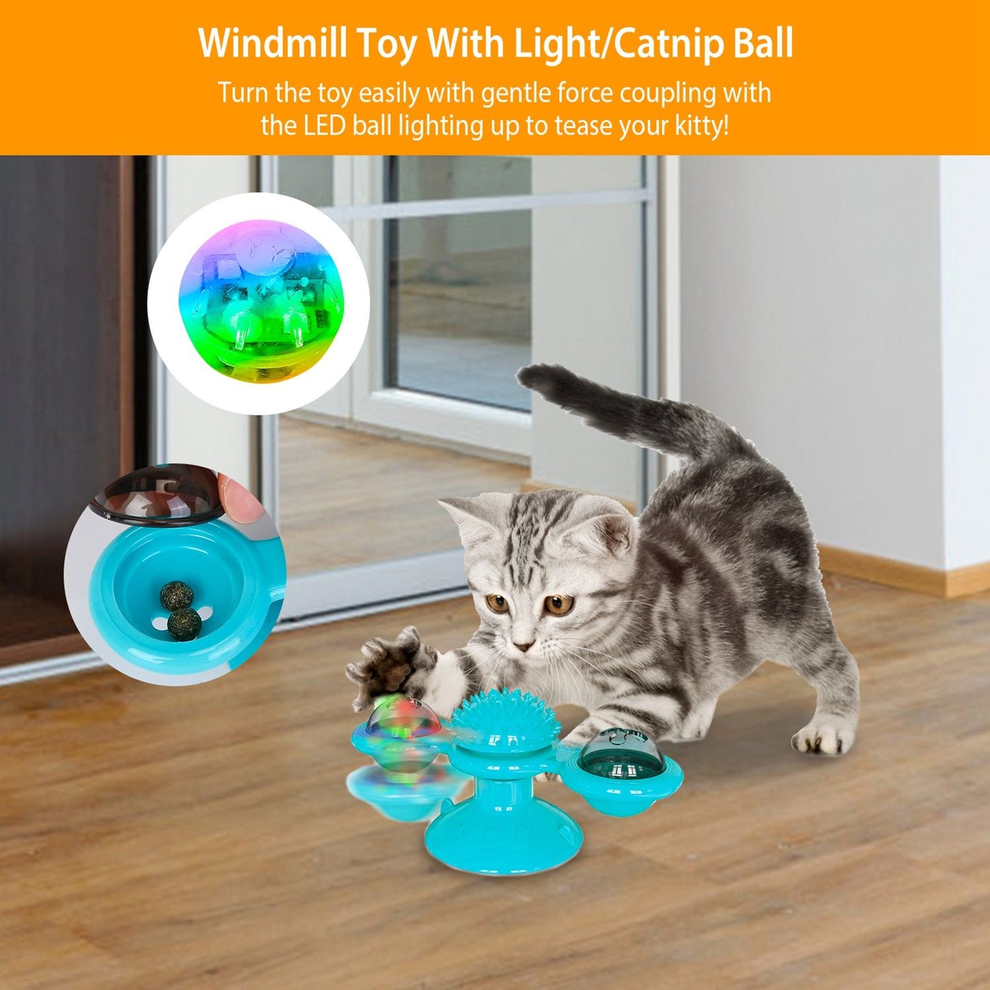 cat pawing wall-mounted blue windmill toy on tiled surface