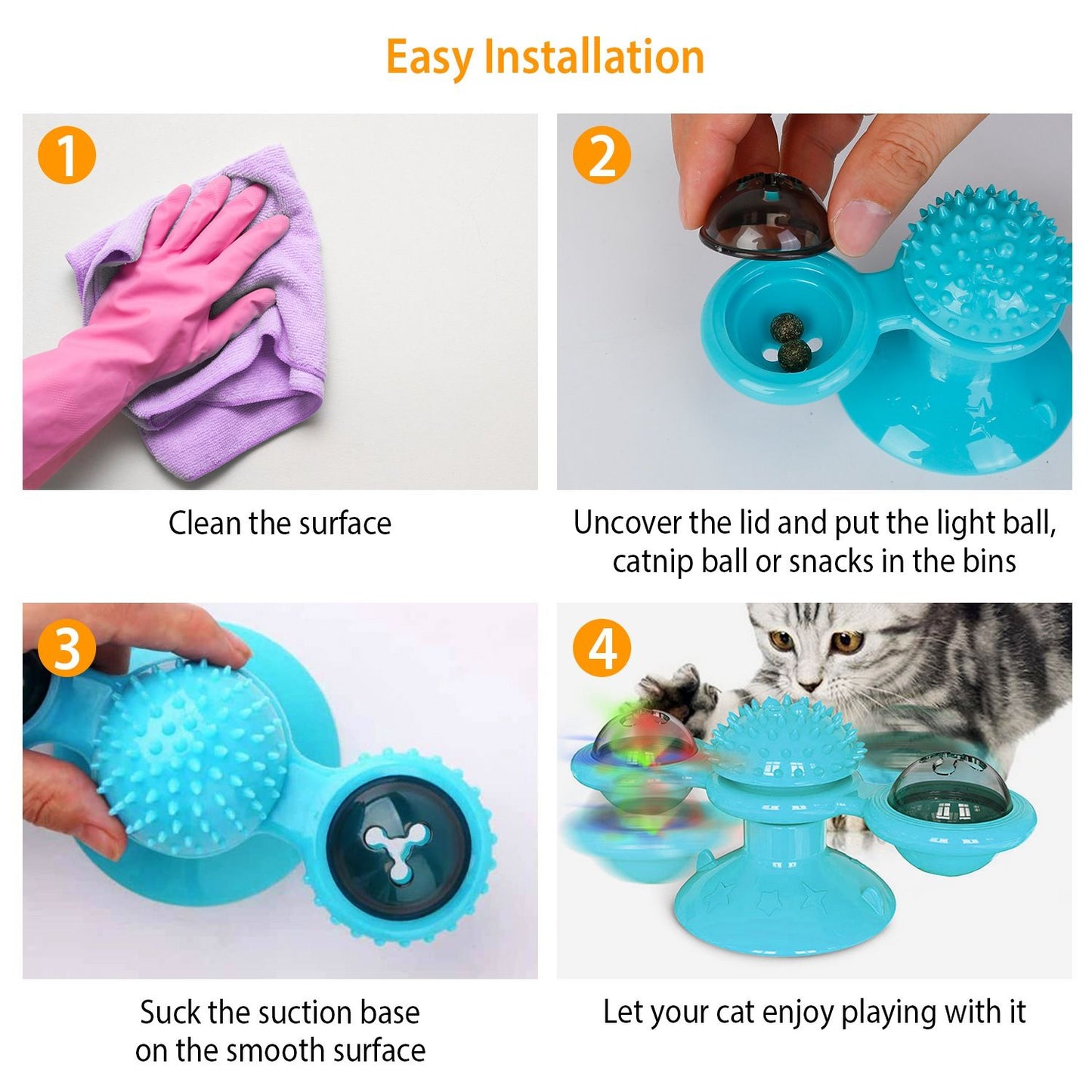 installation steps for windmill cat toy clean surface add balls press suction base and play