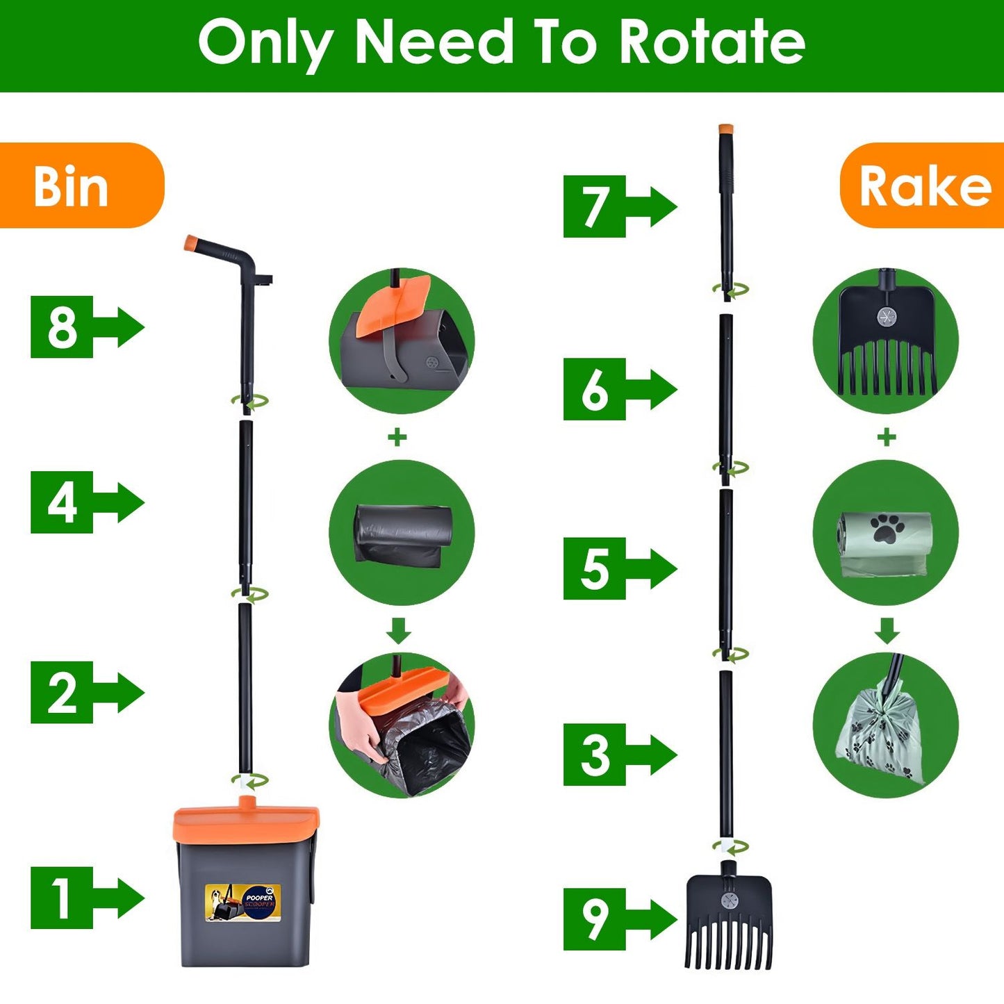 Step-by-step assembly diagram for telescoping poles, rake head and swiveling bin showing rotation steps and bag placement