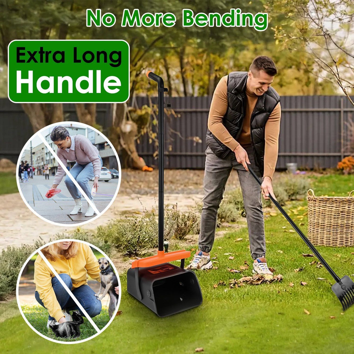 Person using extended-handle rake to scoop dog waste into a swiveling bin on a backyard lawn
